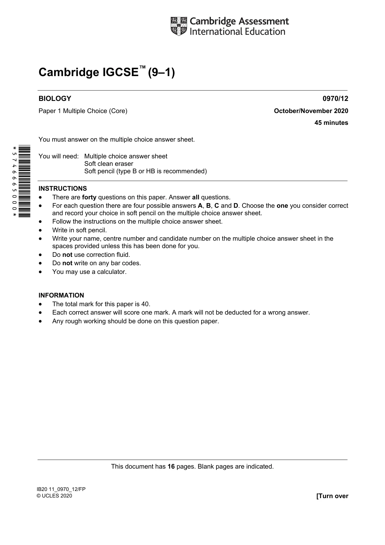 Cambridge IGCSE Biology (9-1) 0970 2020 Oct/Nov Paper 1 · Variant 2 question paper, page 1 of 16