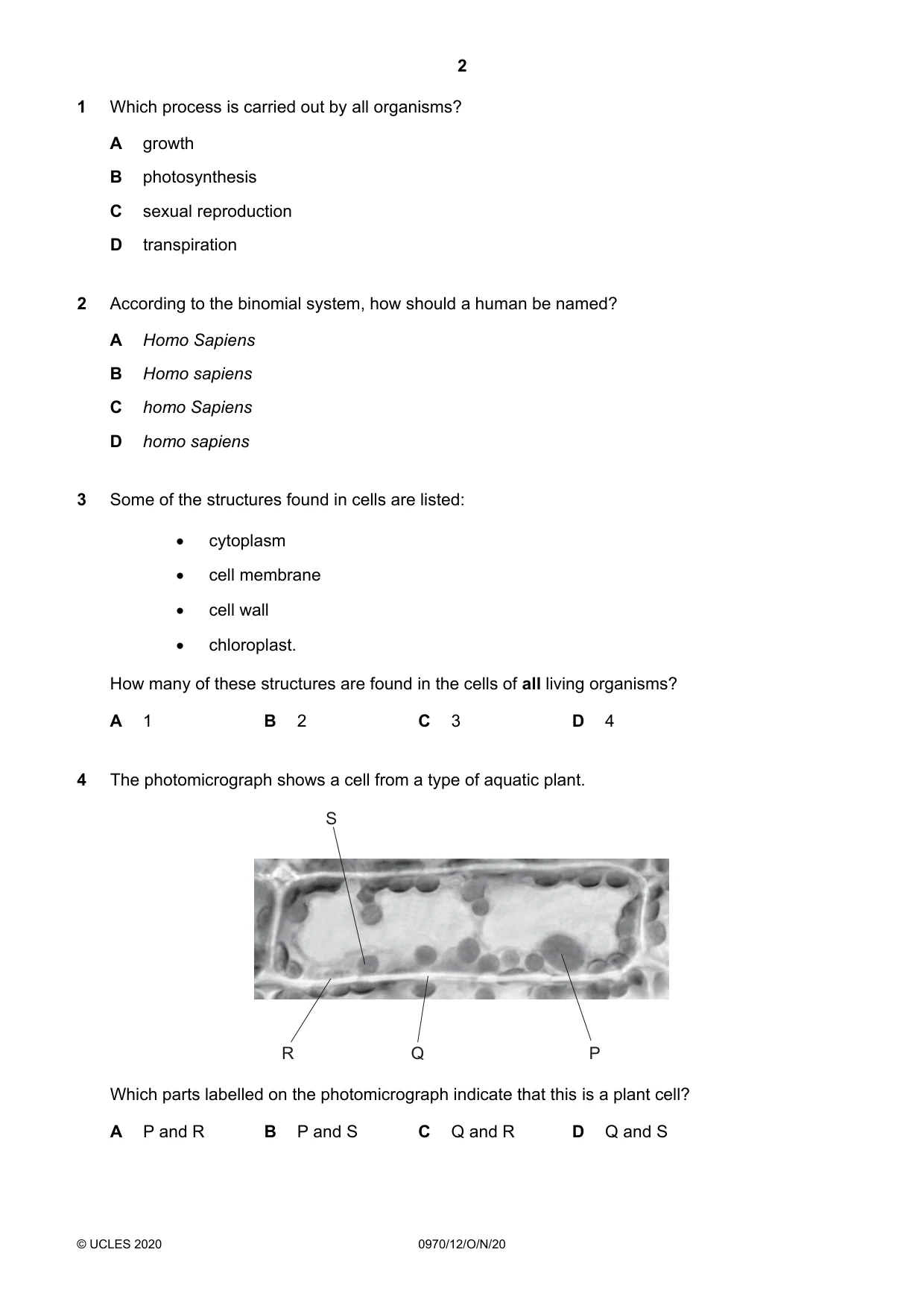 Cambridge IGCSE Biology (9-1) 0970 2020 Oct/Nov Paper 1 · Variant 2 question paper, page 2 of 16