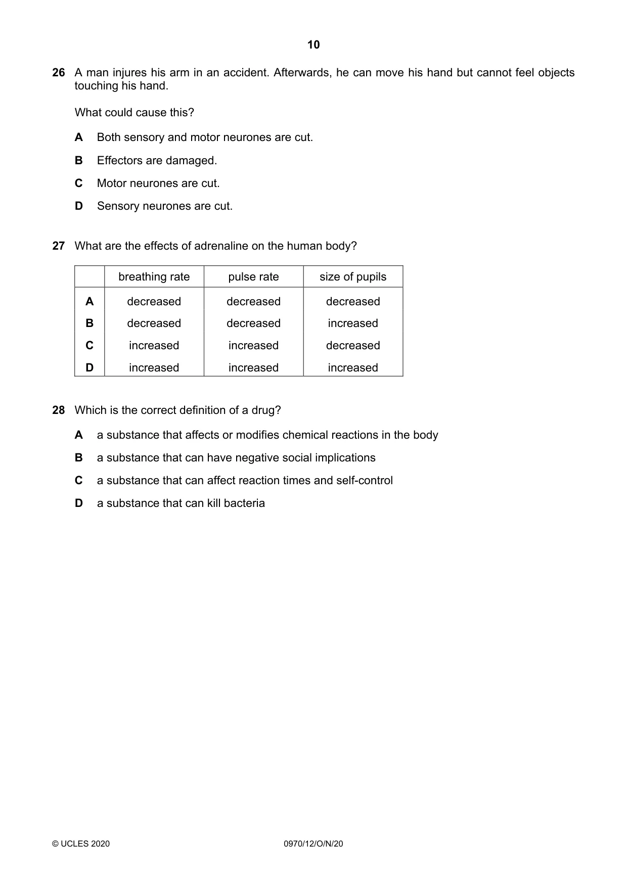 Cambridge IGCSE Biology (9-1) 0970 2020 Oct/Nov Paper 1 · Variant 2 question paper, page 10 of 16