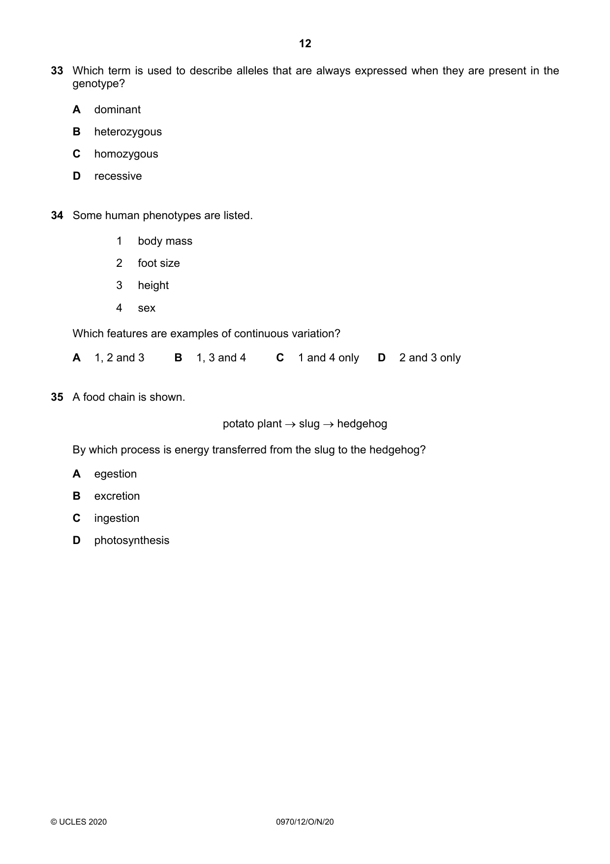 Cambridge IGCSE Biology (9-1) 0970 2020 Oct/Nov Paper 1 · Variant 2 question paper, page 12 of 16