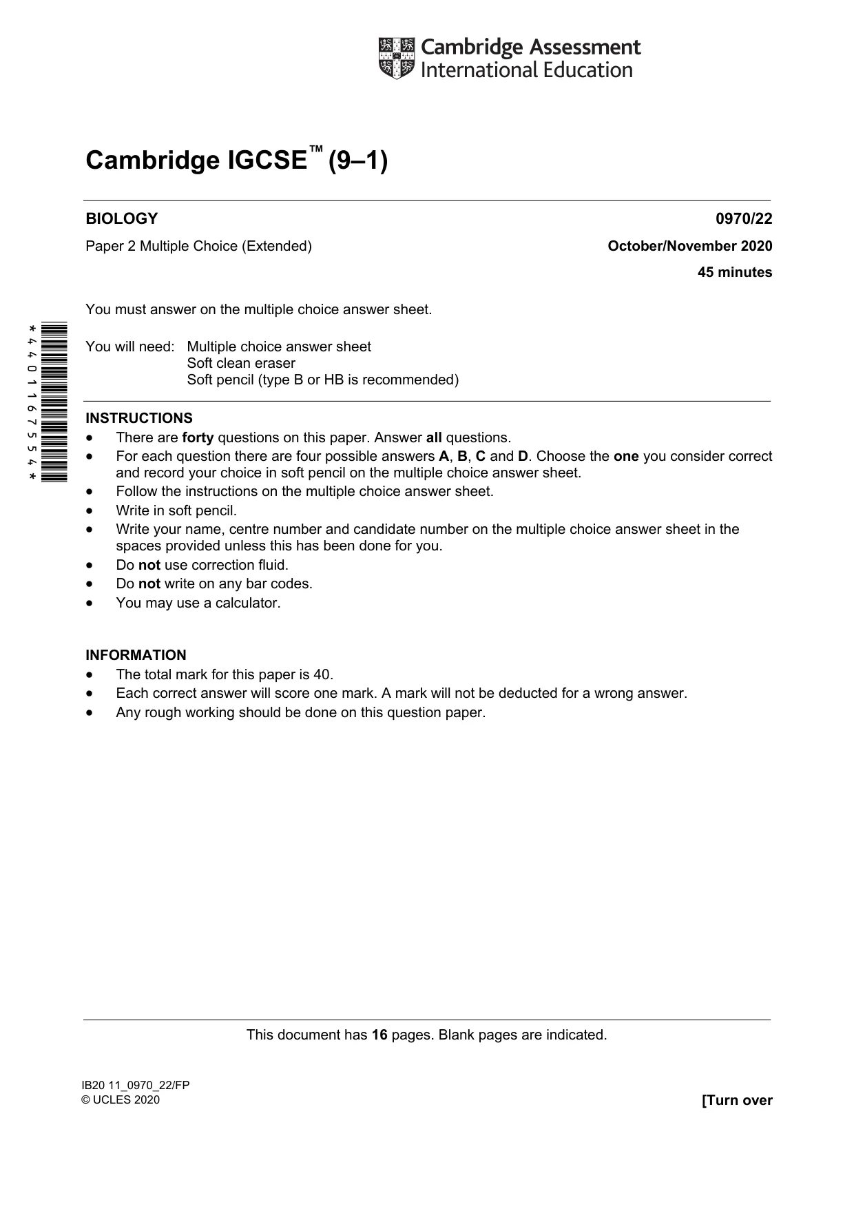 Cambridge IGCSE Biology (9-1) 0970 2020 Oct/Nov Paper 2 · Variant 2 question paper, page 1 of 16