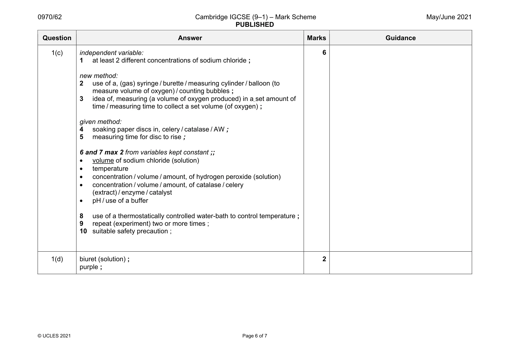 Mark scheme, page 6 of 7