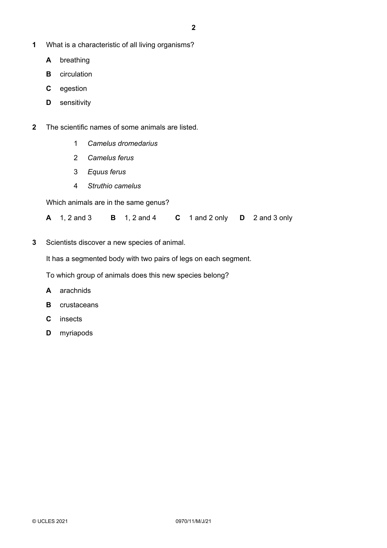 Cambridge IGCSE Biology (9-1) 0970 2021 May/June Paper 1 · Variant 1 question paper, page 2 of 20
