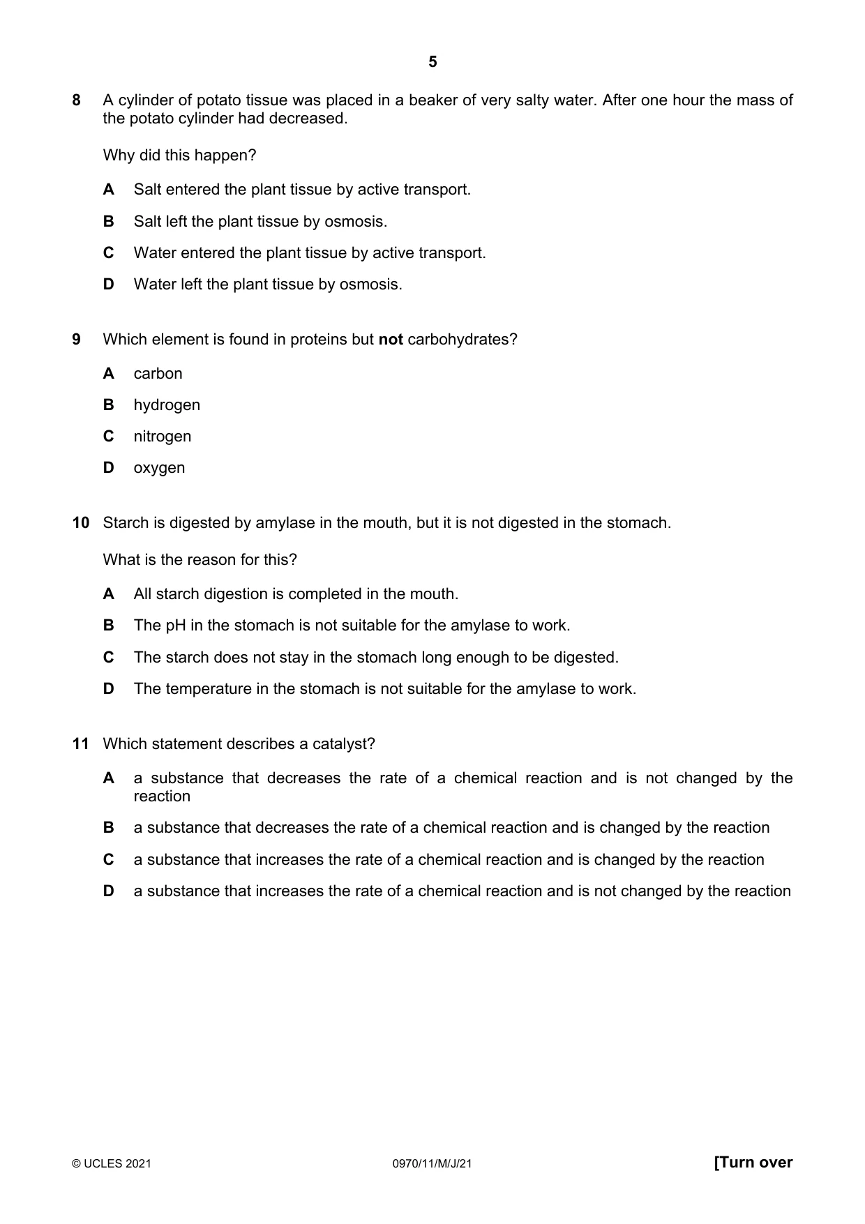Cambridge IGCSE Biology (9-1) 0970 2021 May/June Paper 1 · Variant 1 question paper, page 5 of 20