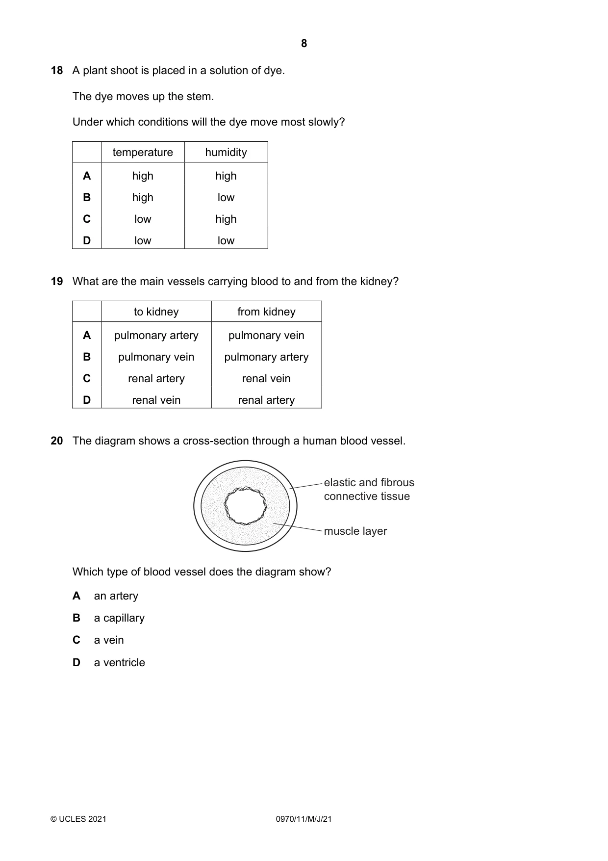 Cambridge IGCSE Biology (9-1) 0970 2021 May/June Paper 1 · Variant 1 question paper, page 8 of 20
