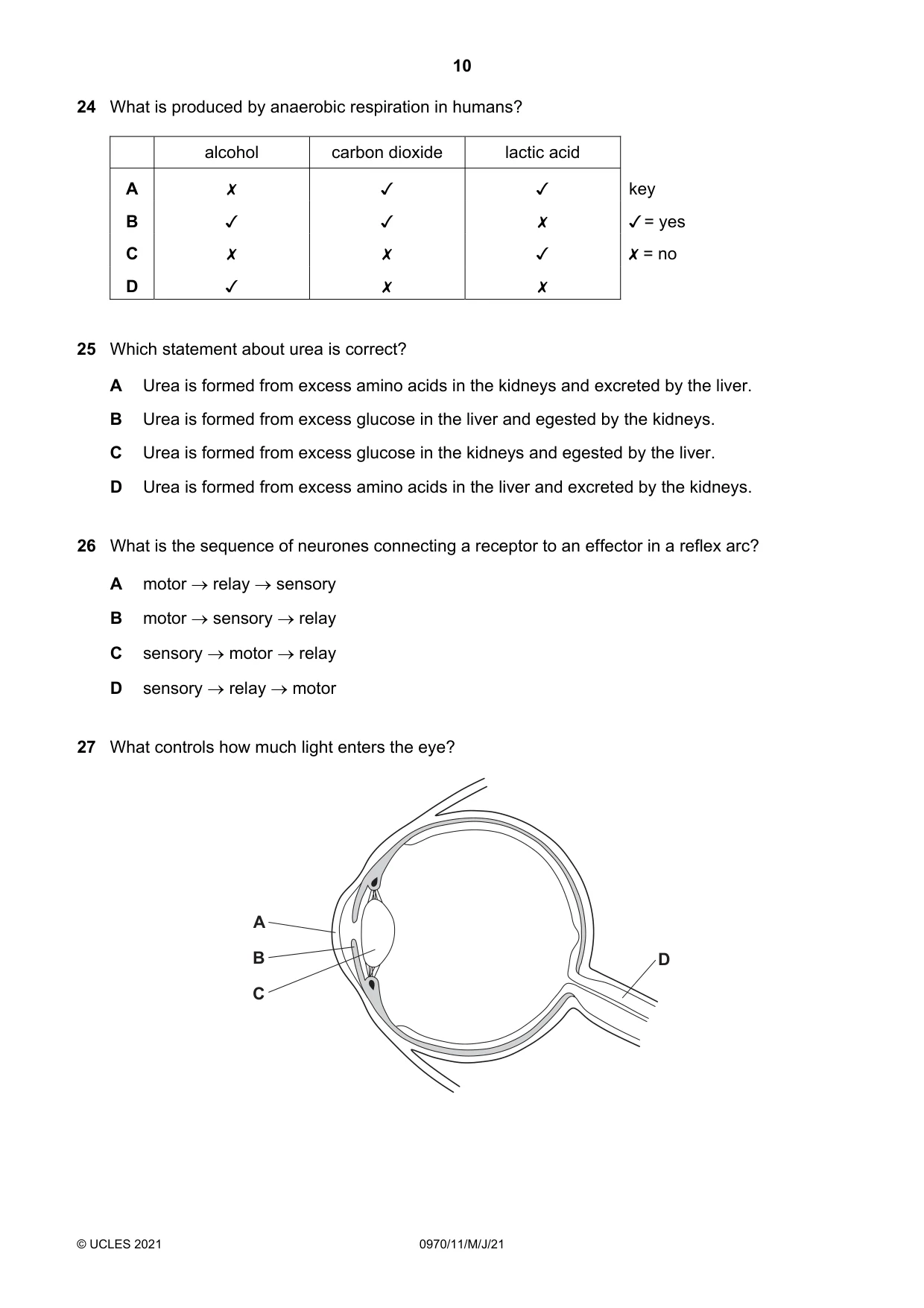 Cambridge IGCSE Biology (9-1) 0970 2021 May/June Paper 1 · Variant 1 question paper, page 10 of 20