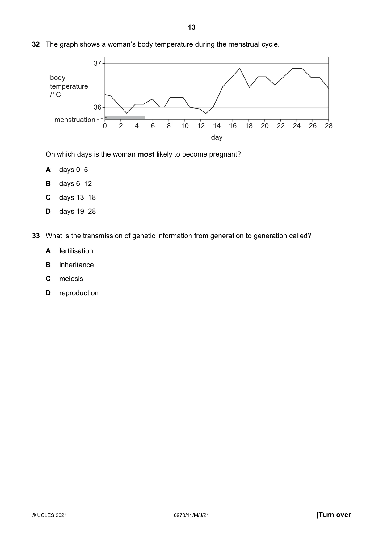 Cambridge IGCSE Biology (9-1) 0970 2021 May/June Paper 1 · Variant 1 question paper, page 13 of 20