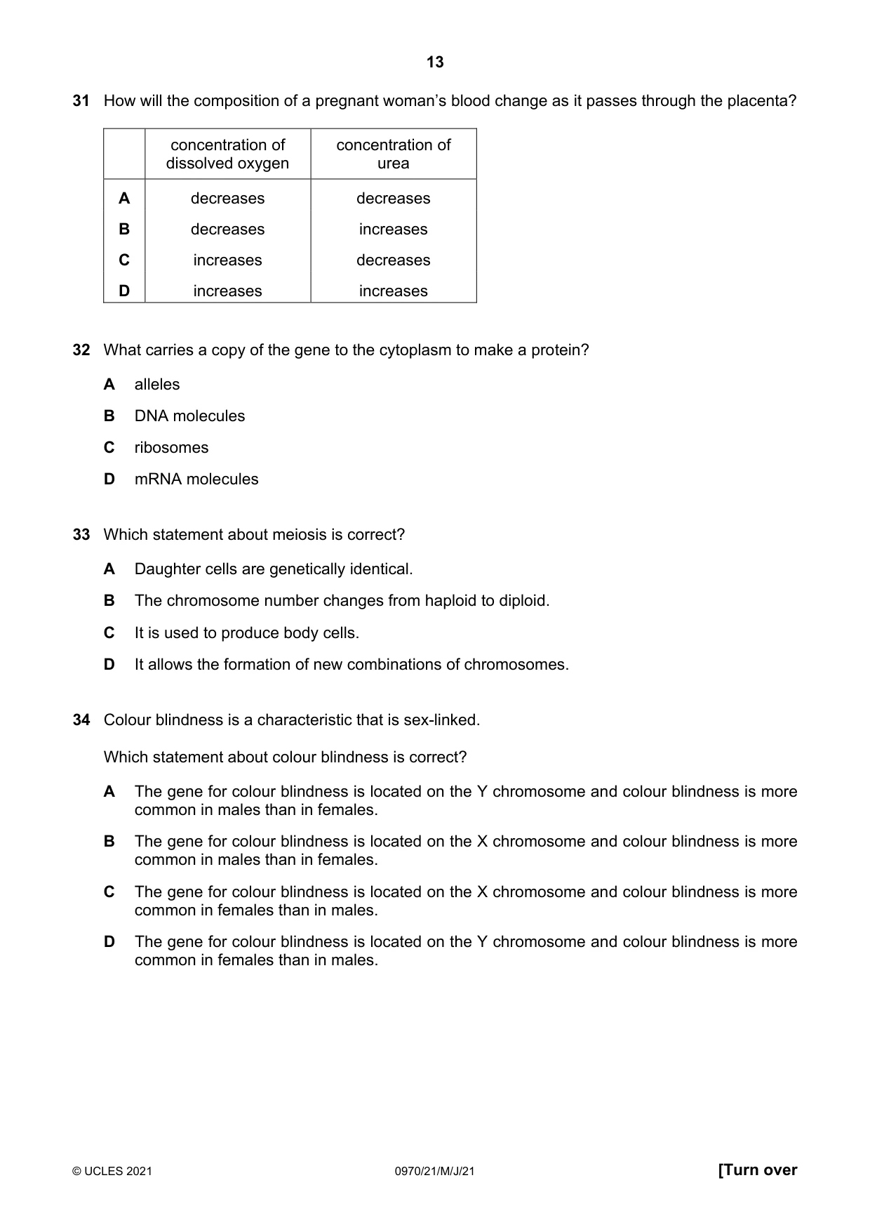 Cambridge IGCSE Biology (9-1) 0970 2021 May/June Paper 2 · Variant 1 question paper, page 13 of 16