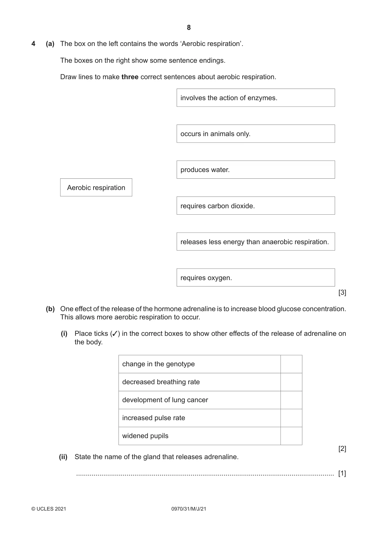 Cambridge IGCSE Biology (9-1) 0970 2021 May/June Paper 3 · Variant 1 question paper, page 8 of 20