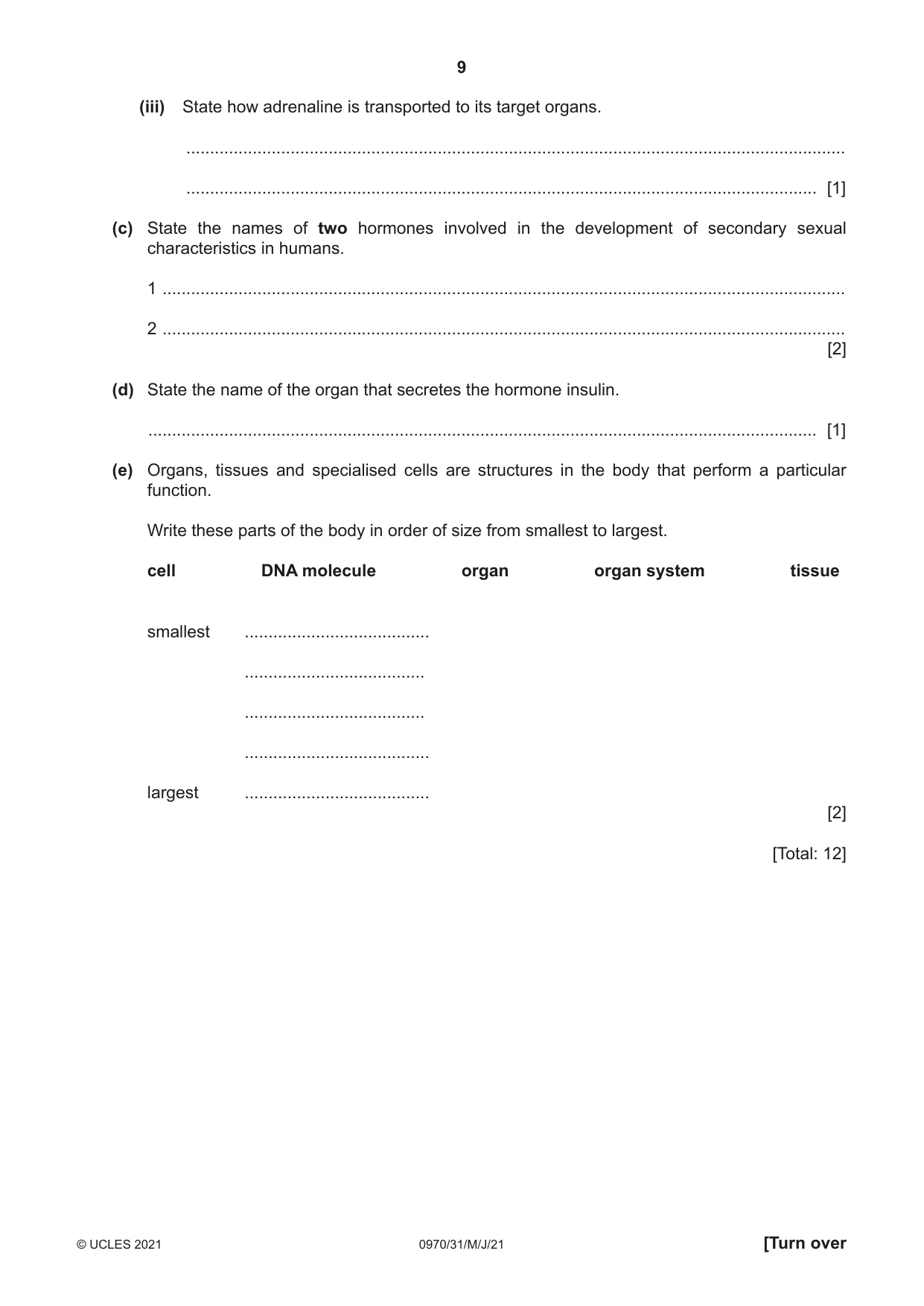 Cambridge IGCSE Biology (9-1) 0970 2021 May/June Paper 3 · Variant 1 question paper, page 9 of 20