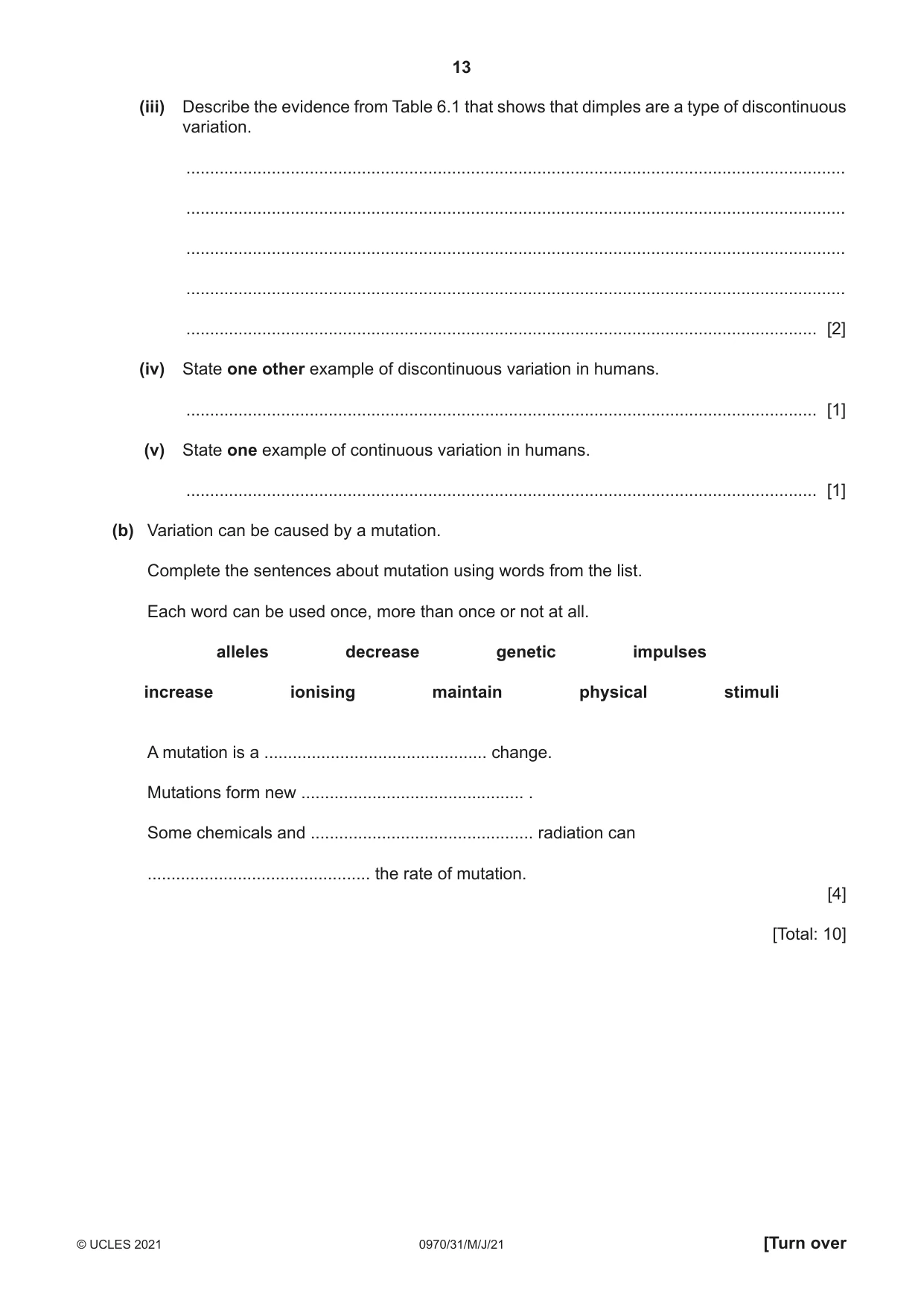 Cambridge IGCSE Biology (9-1) 0970 2021 May/June Paper 3 · Variant 1 question paper, page 13 of 20