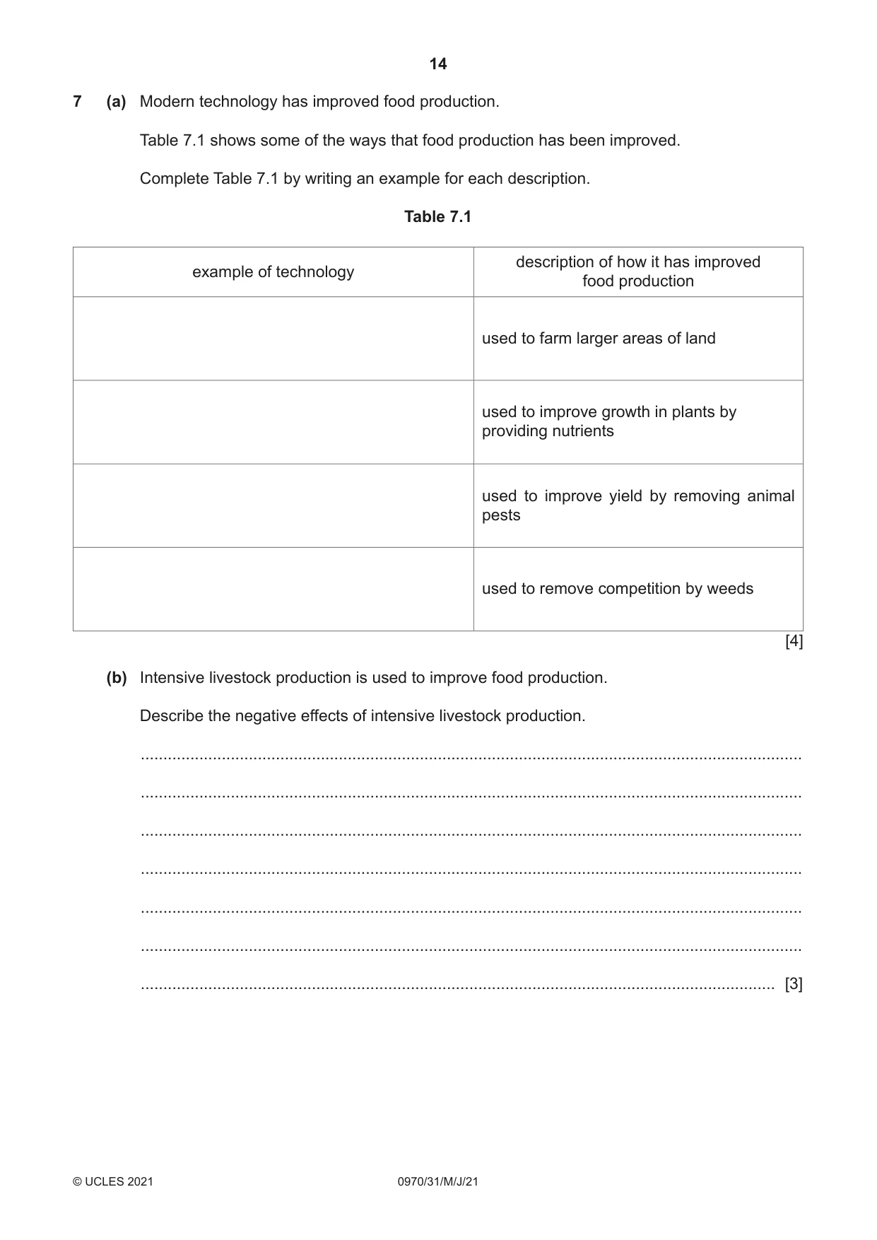Cambridge IGCSE Biology (9-1) 0970 2021 May/June Paper 3 · Variant 1 question paper, page 14 of 20