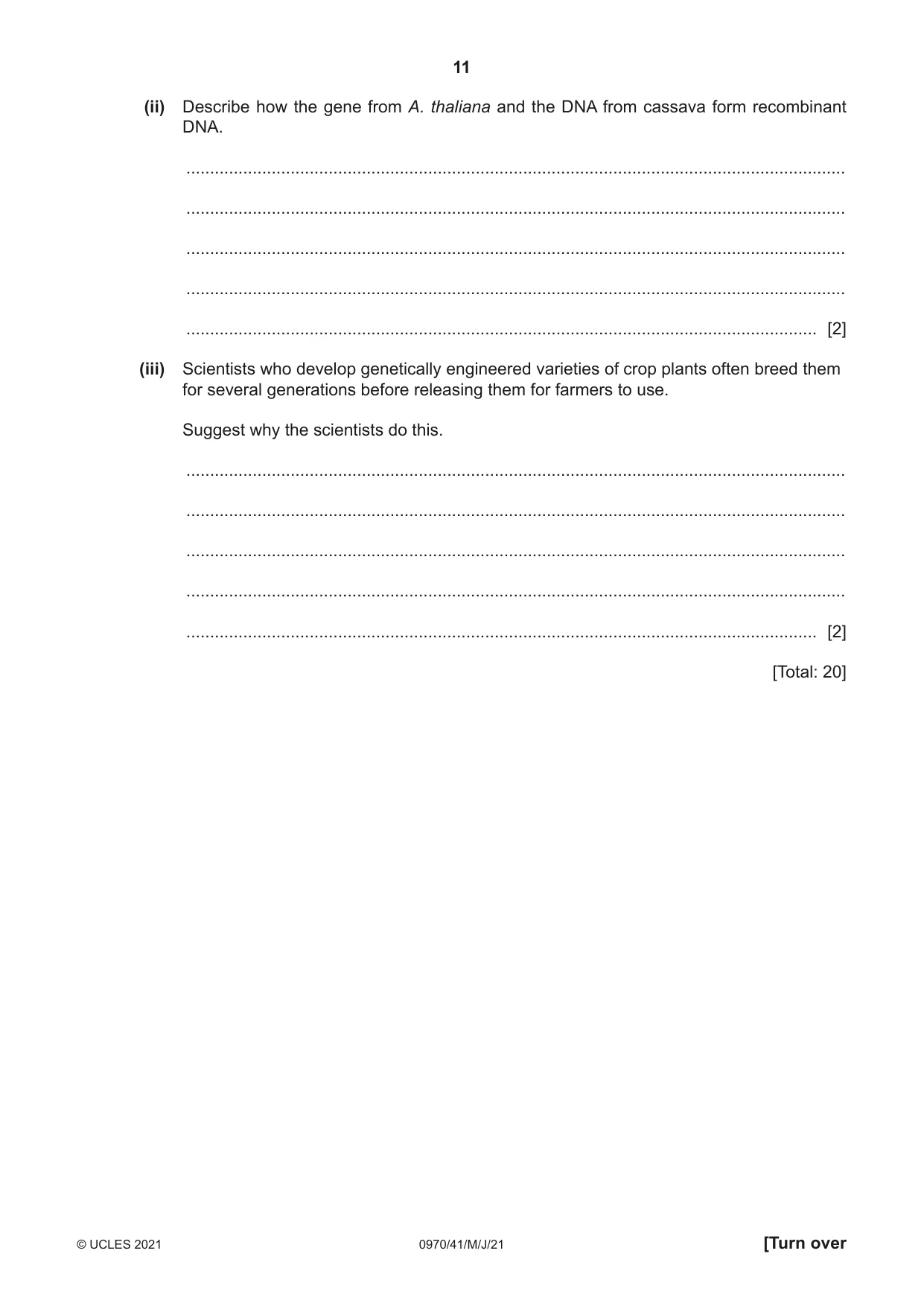 Cambridge IGCSE Biology (9-1) 0970 2021 May/June Paper 4 · Variant 1 question paper, page 11 of 20