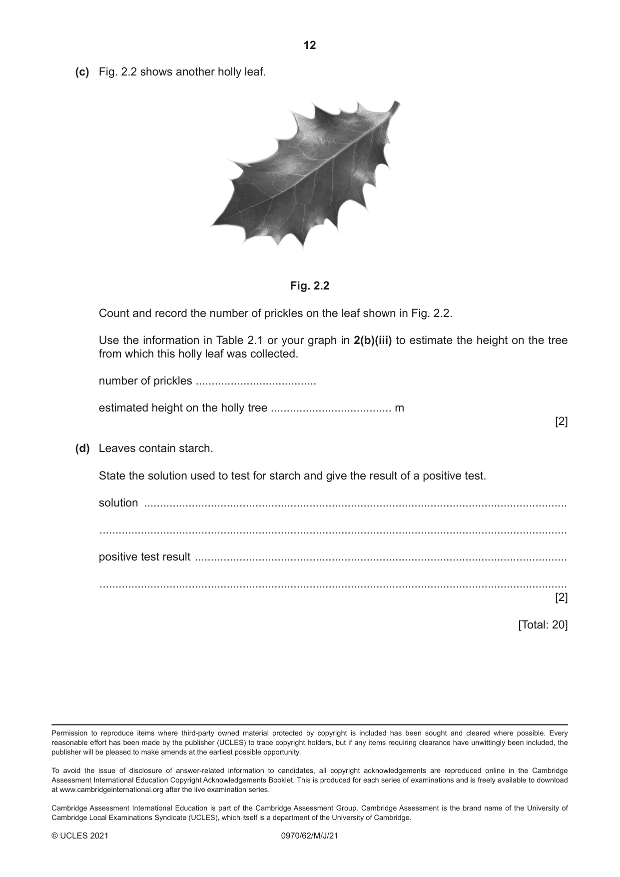 Cambridge IGCSE Biology (9-1) 0970 2021 May/June Paper 6 · Variant 2 question paper, page 12 of 12