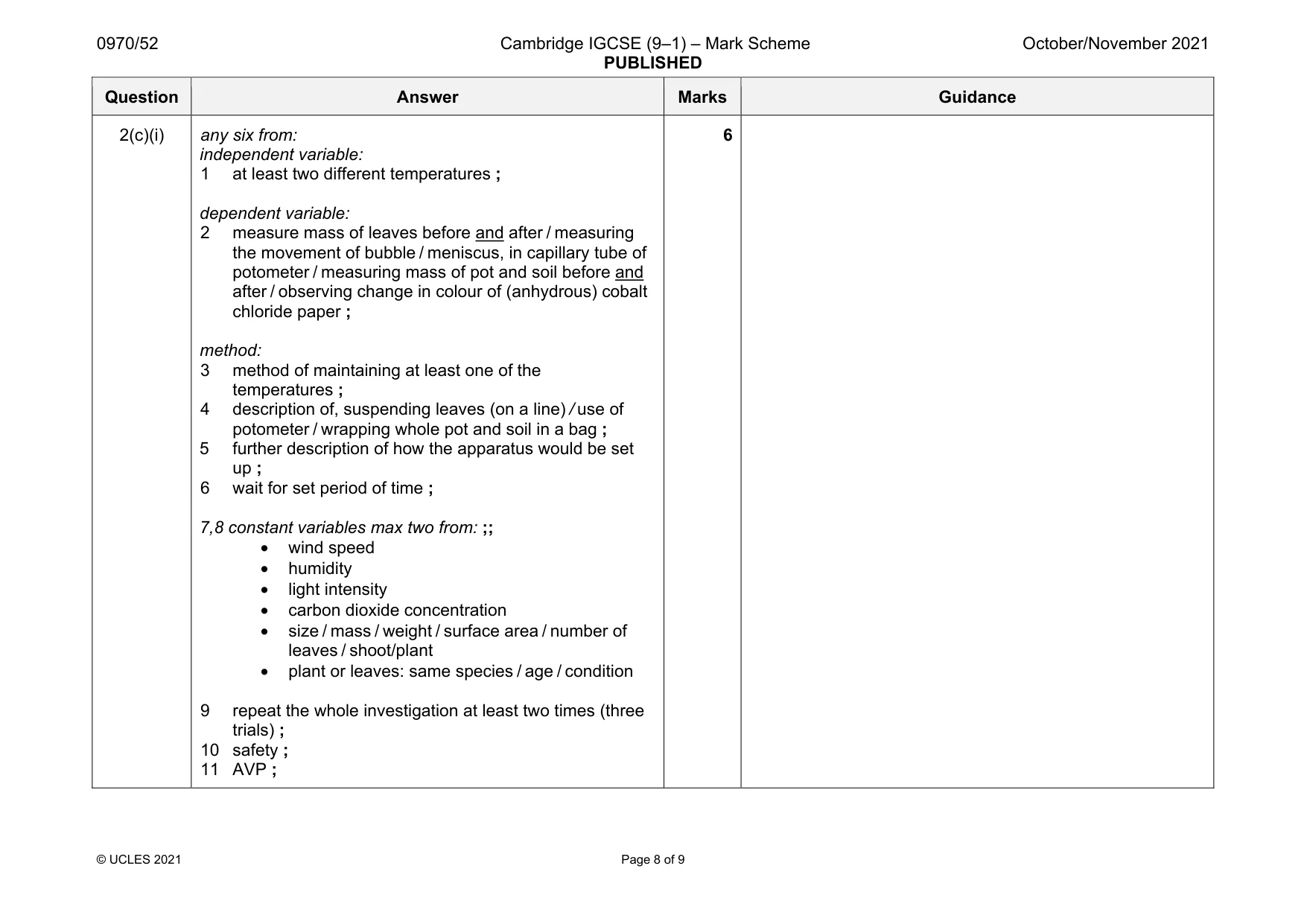 Mark scheme, page 8 of 9