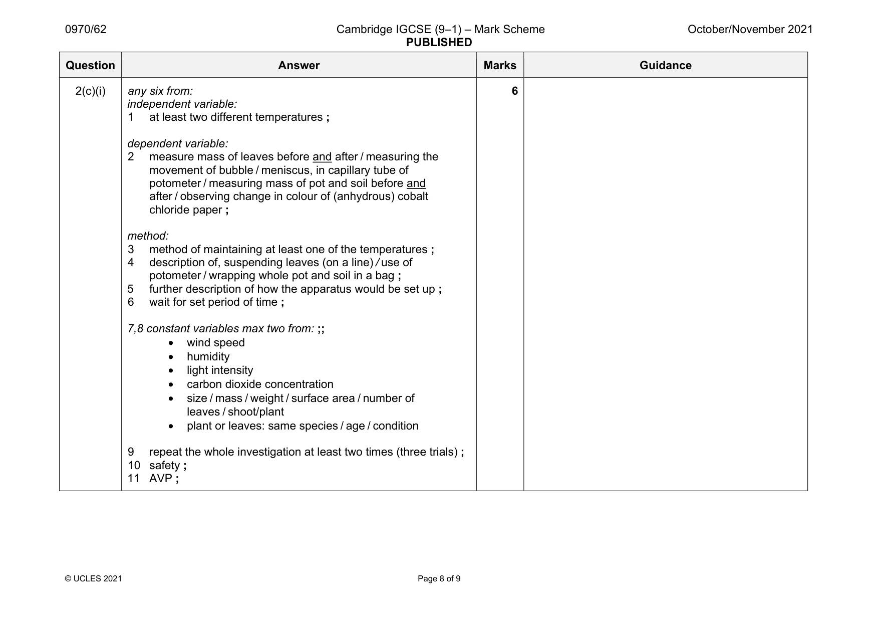 Mark scheme, page 8 of 9
