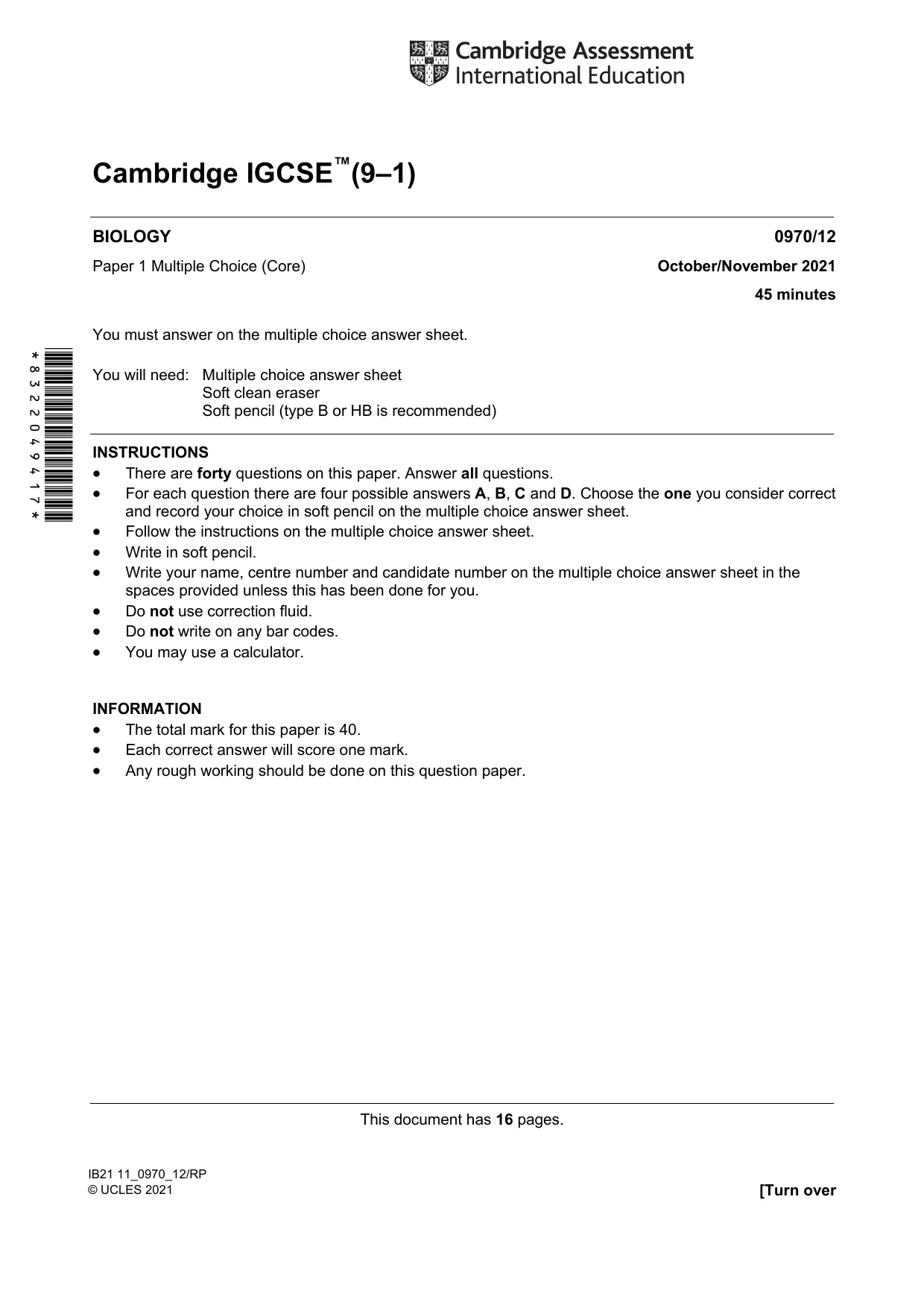 Cambridge IGCSE Biology (9-1) 0970 2021 Oct/Nov Paper 1 · Variant 2 question paper, page 1 of 16