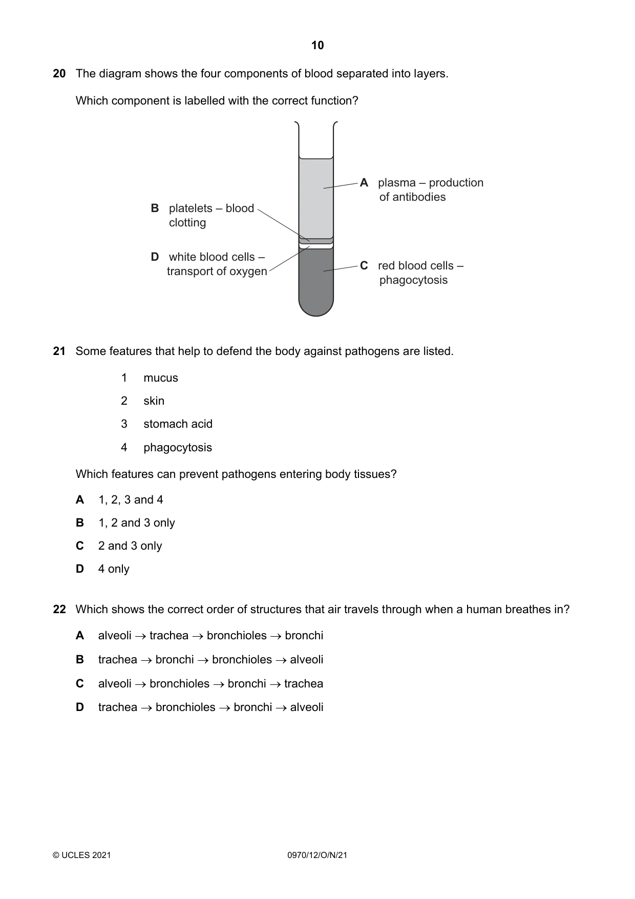 Cambridge IGCSE Biology (9-1) 0970 2021 Oct/Nov Paper 1 · Variant 2 question paper, page 10 of 16