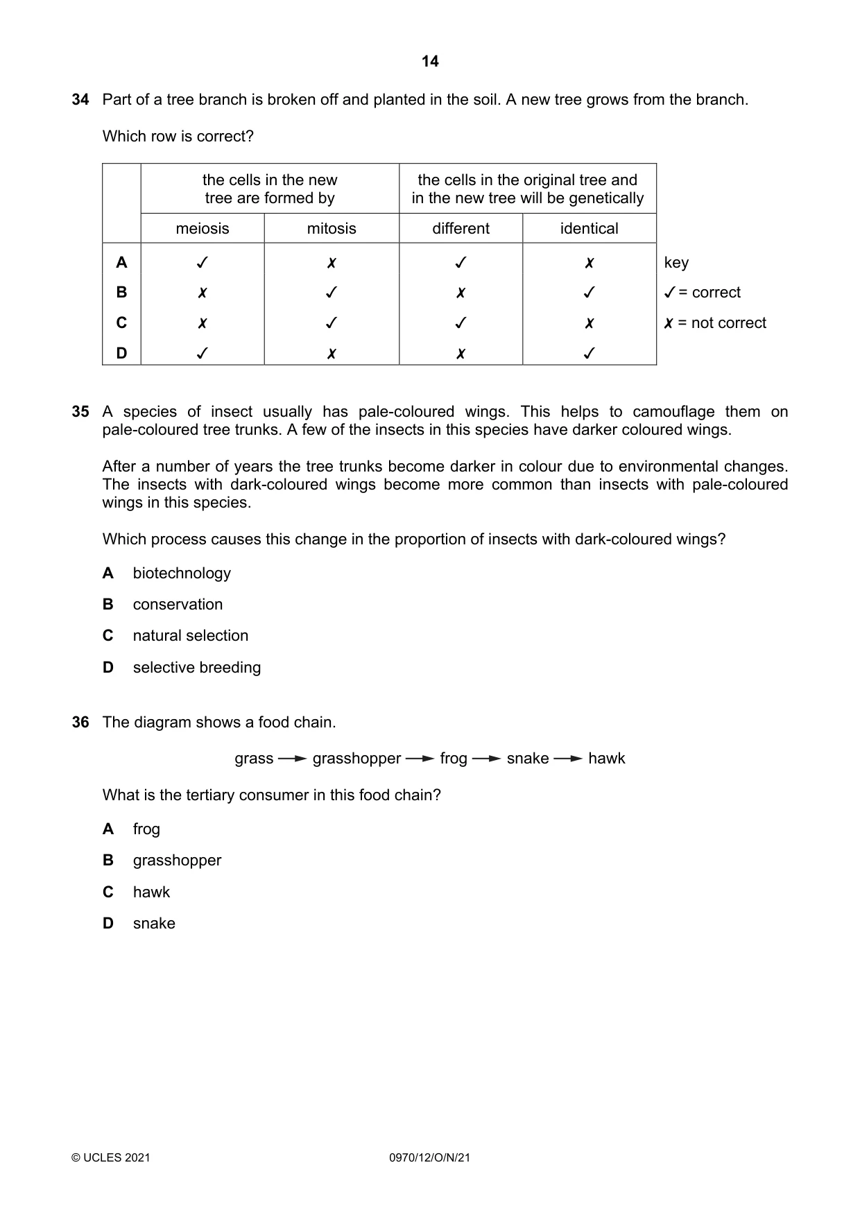 Cambridge IGCSE Biology (9-1) 0970 2021 Oct/Nov Paper 1 · Variant 2 question paper, page 14 of 16