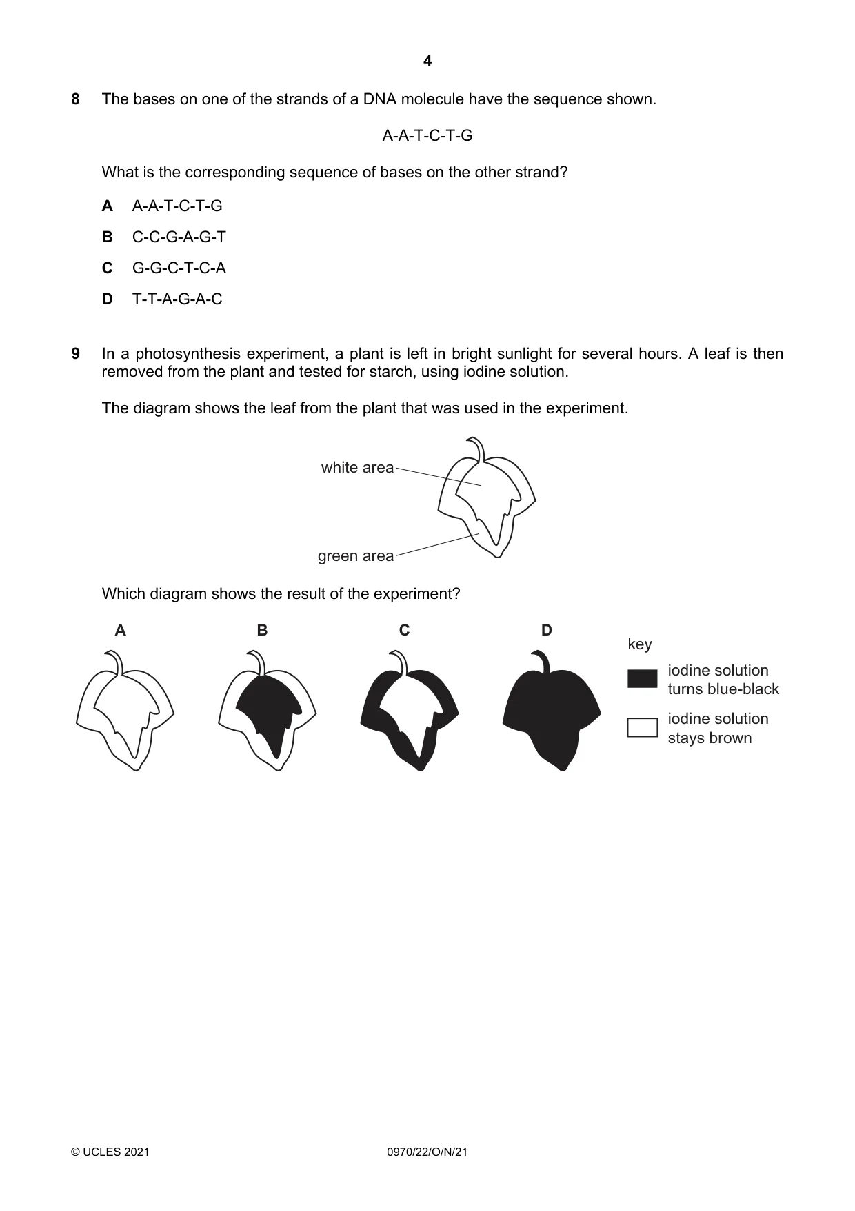 Cambridge IGCSE Biology (9-1) 0970 2021 Oct/Nov Paper 2 · Variant 2 question paper, page 4 of 16