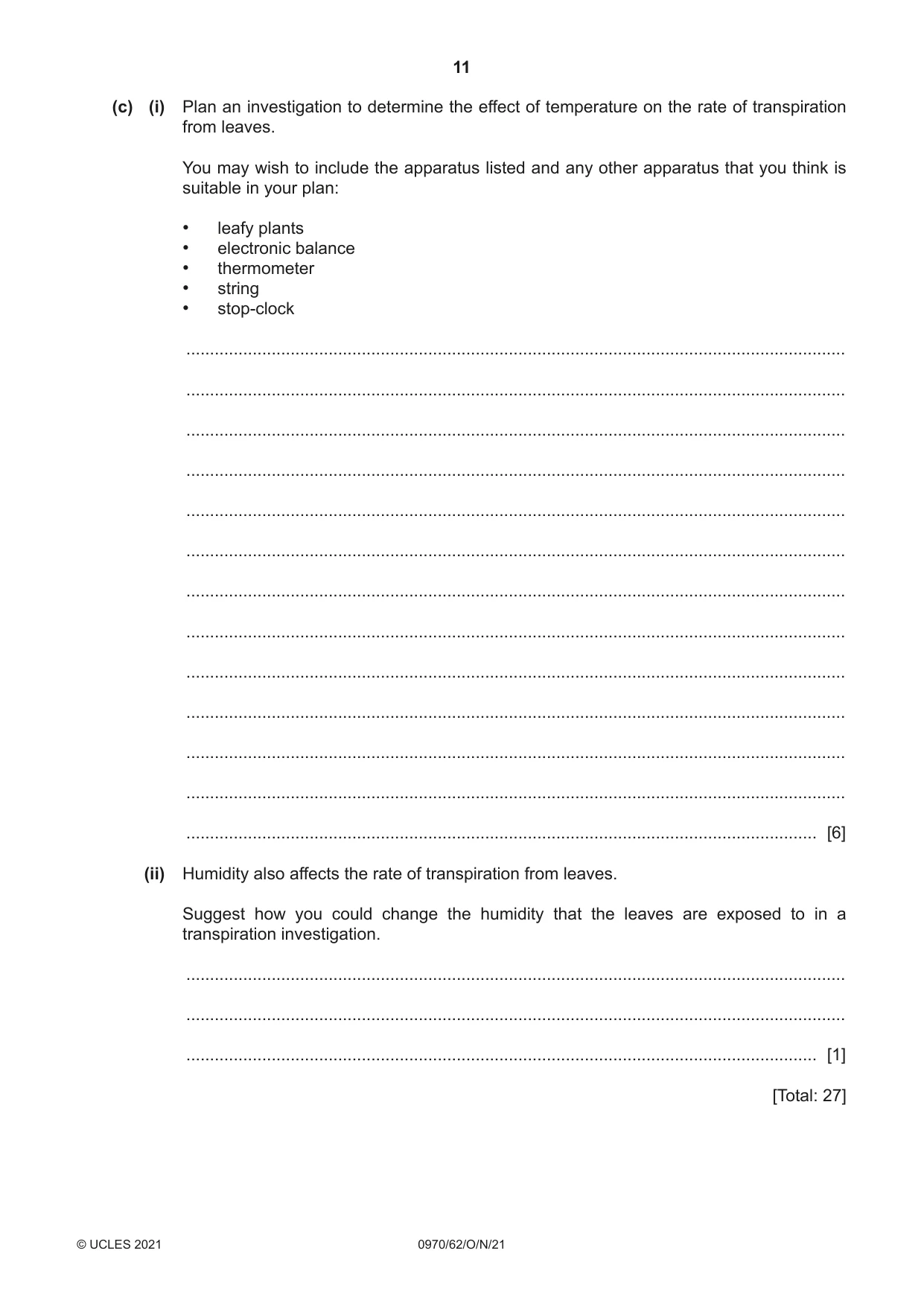 Cambridge IGCSE Biology (9-1) 0970 2021 Oct/Nov Paper 6 · Variant 2 question paper, page 11 of 12
