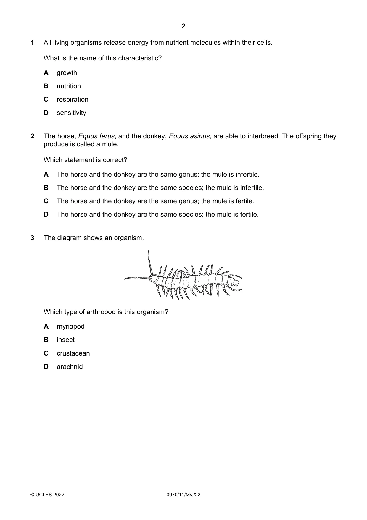 Cambridge IGCSE Biology (9-1) 0970 2022 May/June Paper 1 · Variant 1 question paper, page 2 of 16