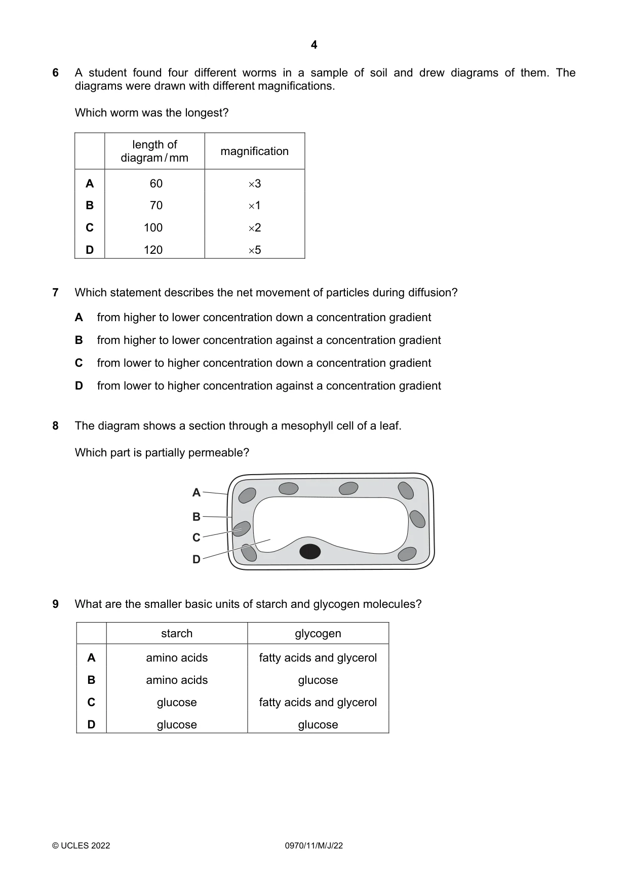 Cambridge IGCSE Biology (9-1) 0970 2022 May/June Paper 1 · Variant 1 question paper, page 4 of 16