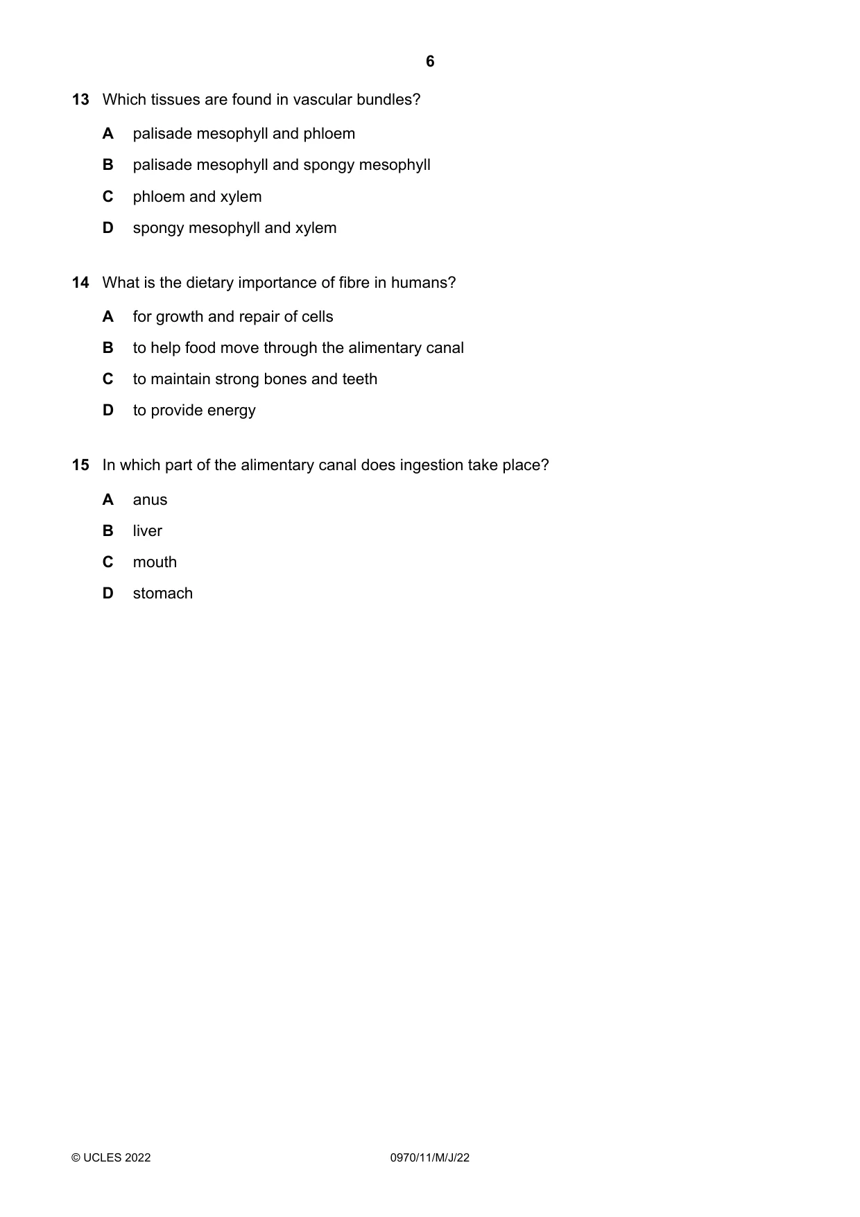Cambridge IGCSE Biology (9-1) 0970 2022 May/June Paper 1 · Variant 1 question paper, page 6 of 16