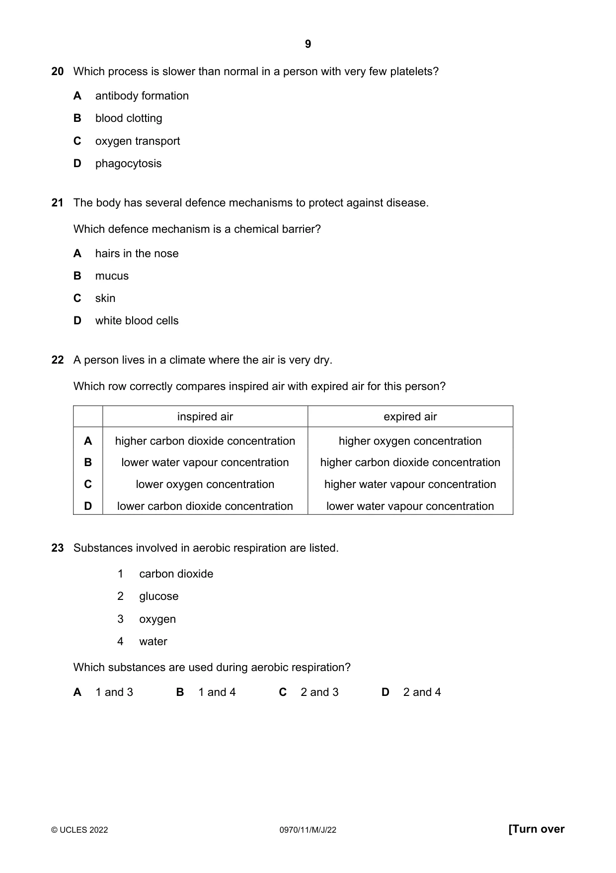 Cambridge IGCSE Biology (9-1) 0970 2022 May/June Paper 1 · Variant 1 question paper, page 9 of 16