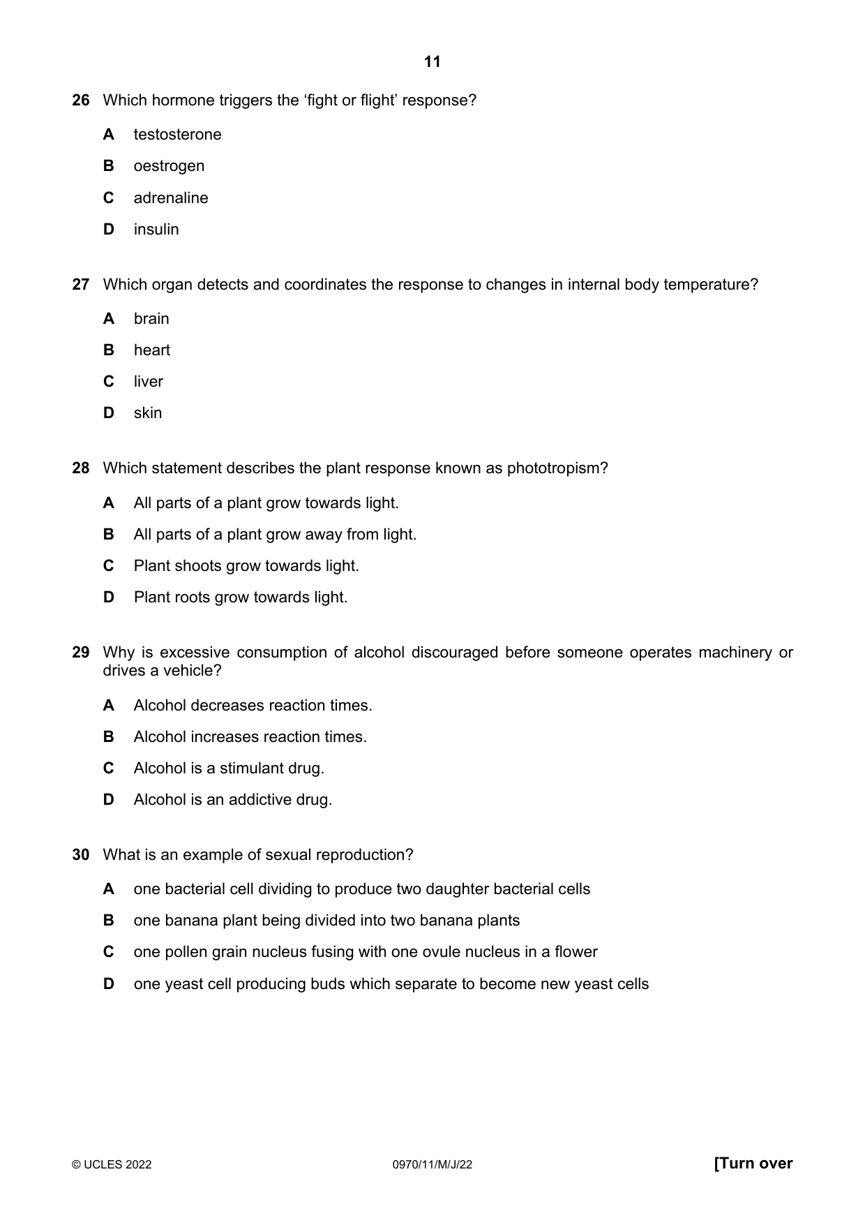 Cambridge IGCSE Biology (9-1) 0970 2022 May/June Paper 1 · Variant 1 question paper, page 11 of 16