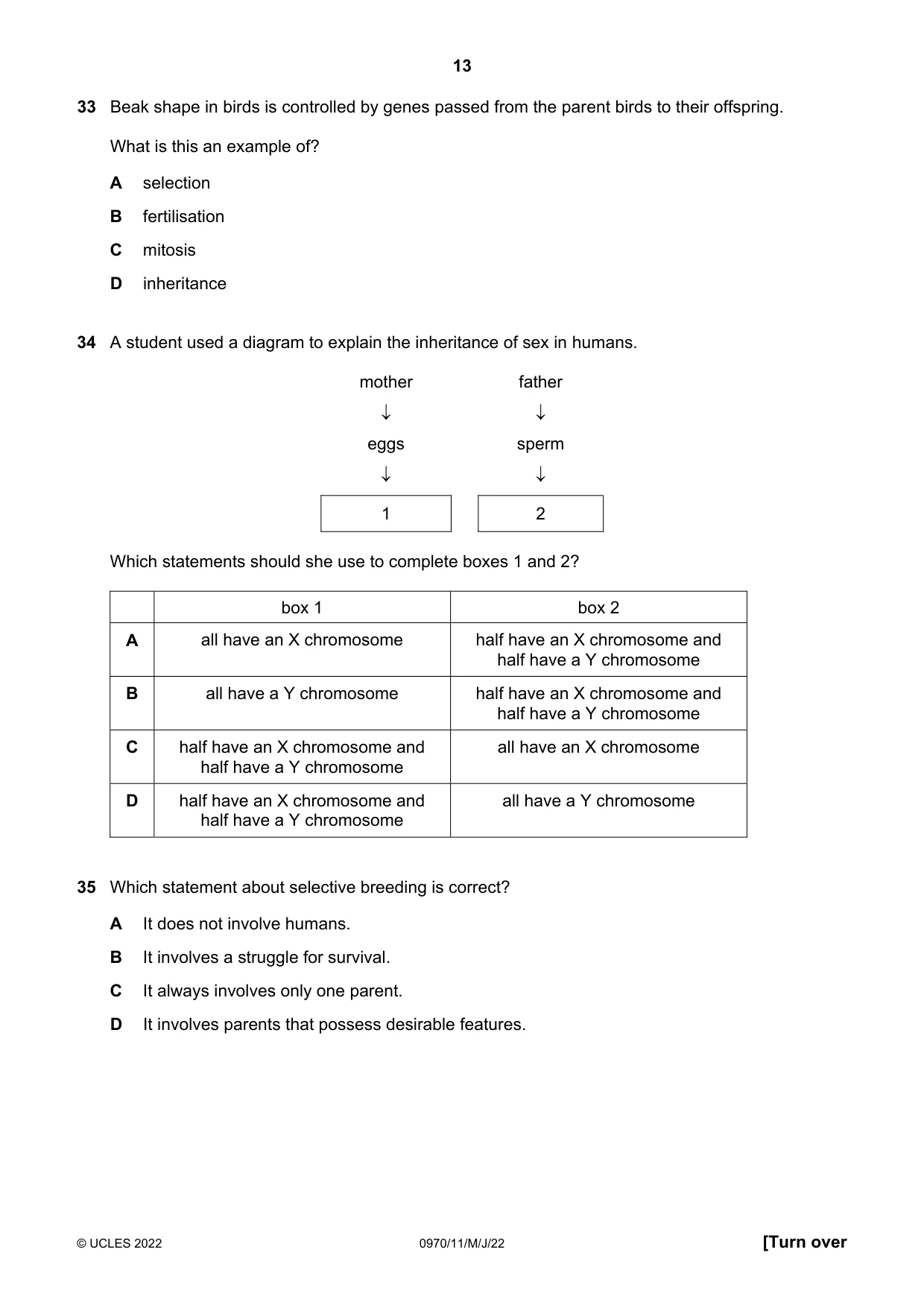Cambridge IGCSE Biology (9-1) 0970 2022 May/June Paper 1 · Variant 1 question paper, page 13 of 16