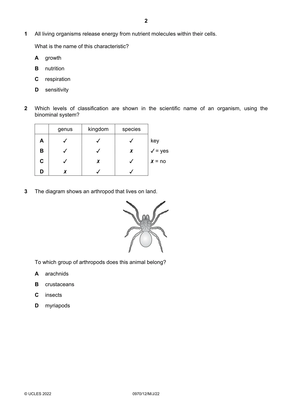 Cambridge IGCSE Biology (9-1) 0970 2022 May/June Paper 1 · Variant 2 question paper, page 2 of 20