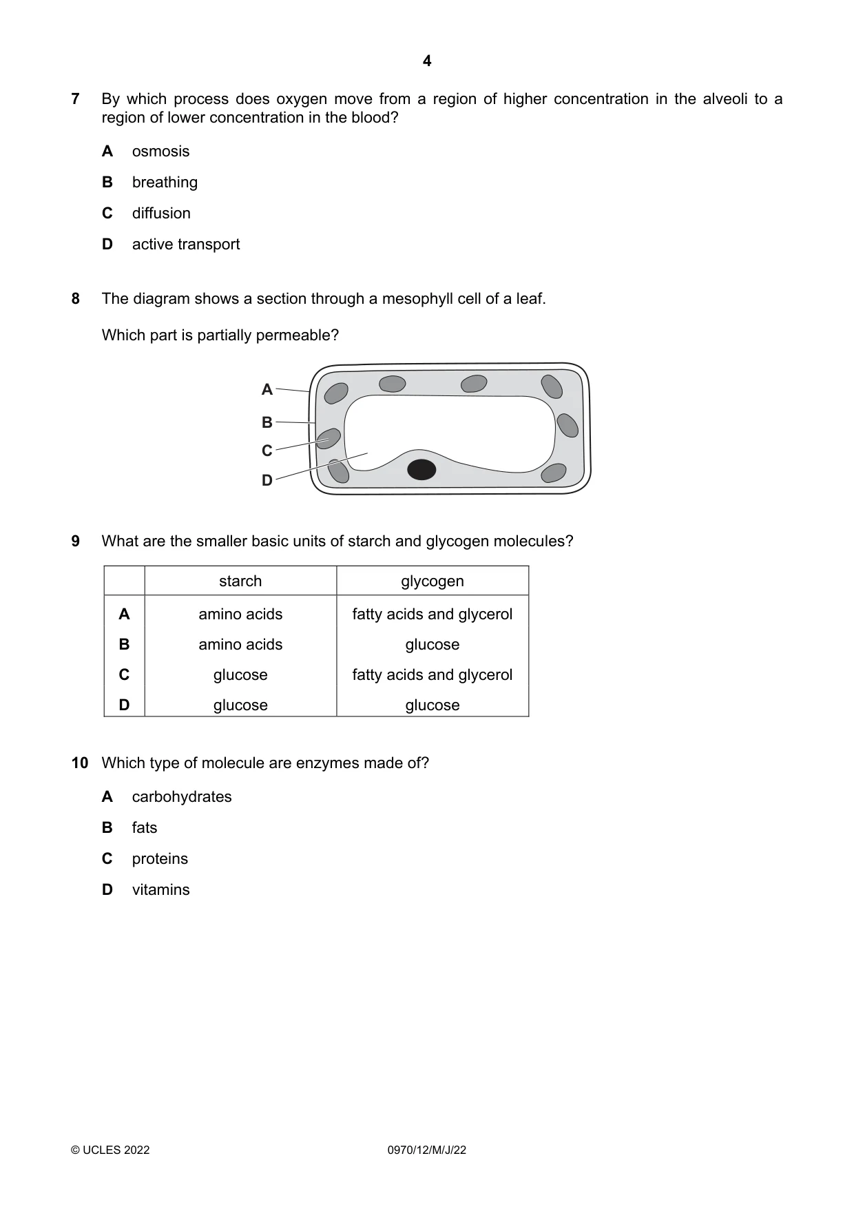 Cambridge IGCSE Biology (9-1) 0970 2022 May/June Paper 1 · Variant 2 question paper, page 4 of 20