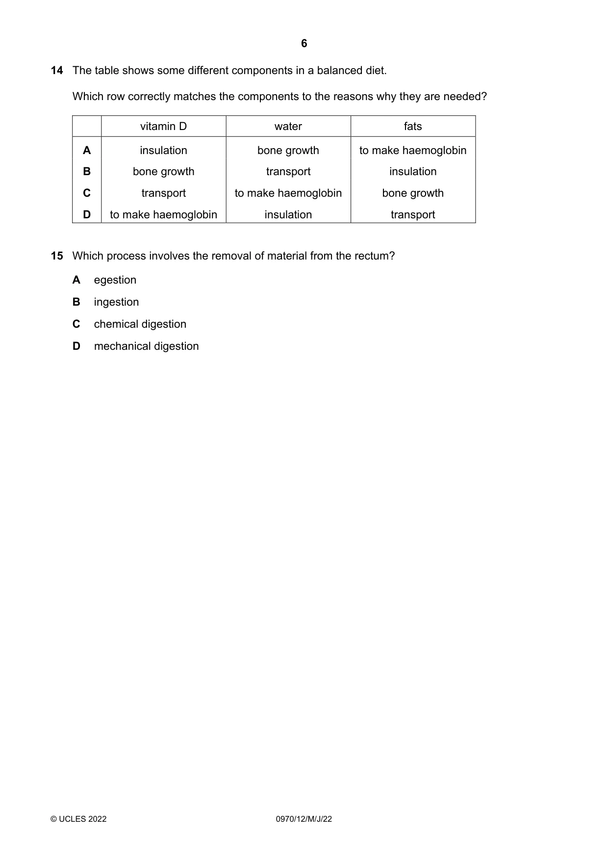Cambridge IGCSE Biology (9-1) 0970 2022 May/June Paper 1 · Variant 2 question paper, page 6 of 20