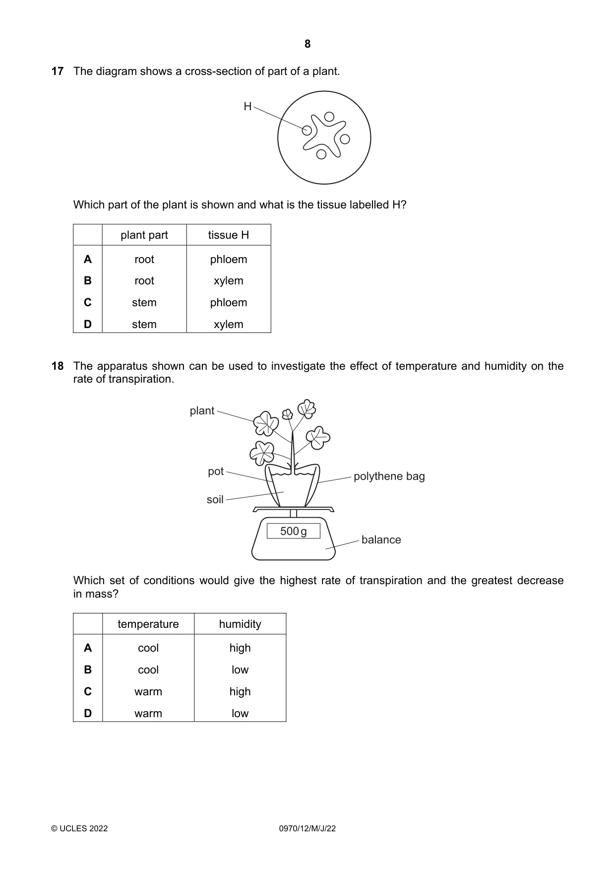 Cambridge IGCSE Biology (9-1) 0970 2022 May/June Paper 1 · Variant 2 question paper, page 8 of 20