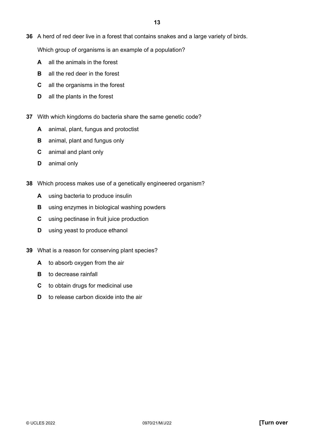 Cambridge IGCSE Biology (9-1) 0970 2022 May/June Paper 2 · Variant 1 question paper, page 13 of 16