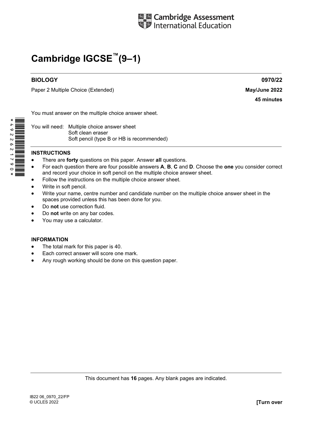 Cambridge IGCSE Biology (9-1) 0970 2022 May/June Paper 2 · Variant 2 question paper, page 1 of 16