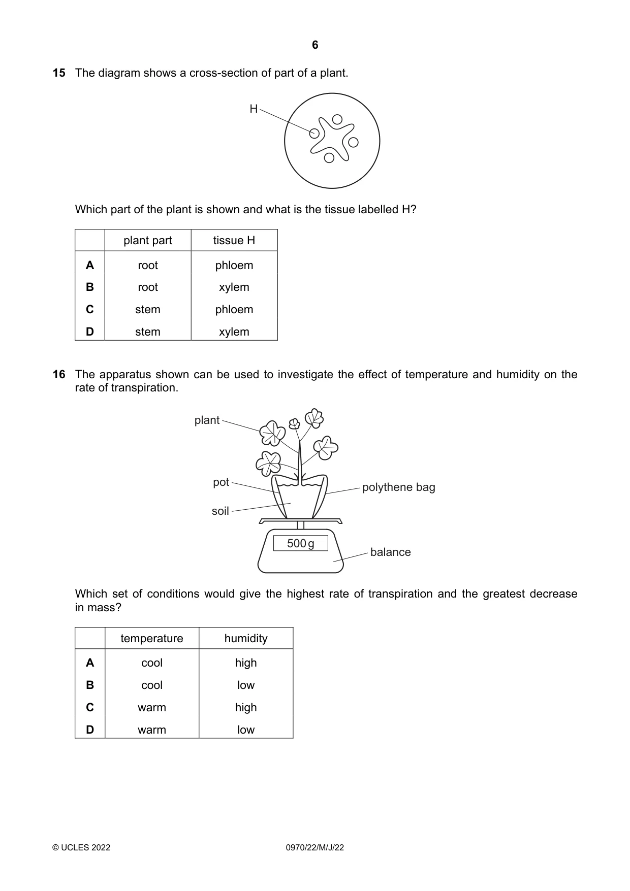 Cambridge IGCSE Biology (9-1) 0970 2022 May/June Paper 2 · Variant 2 question paper, page 6 of 16