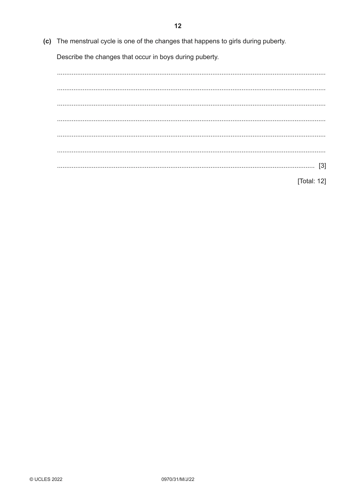 Cambridge IGCSE Biology (9-1) 0970 2022 May/June Paper 3 · Variant 1 question paper, page 12 of 20