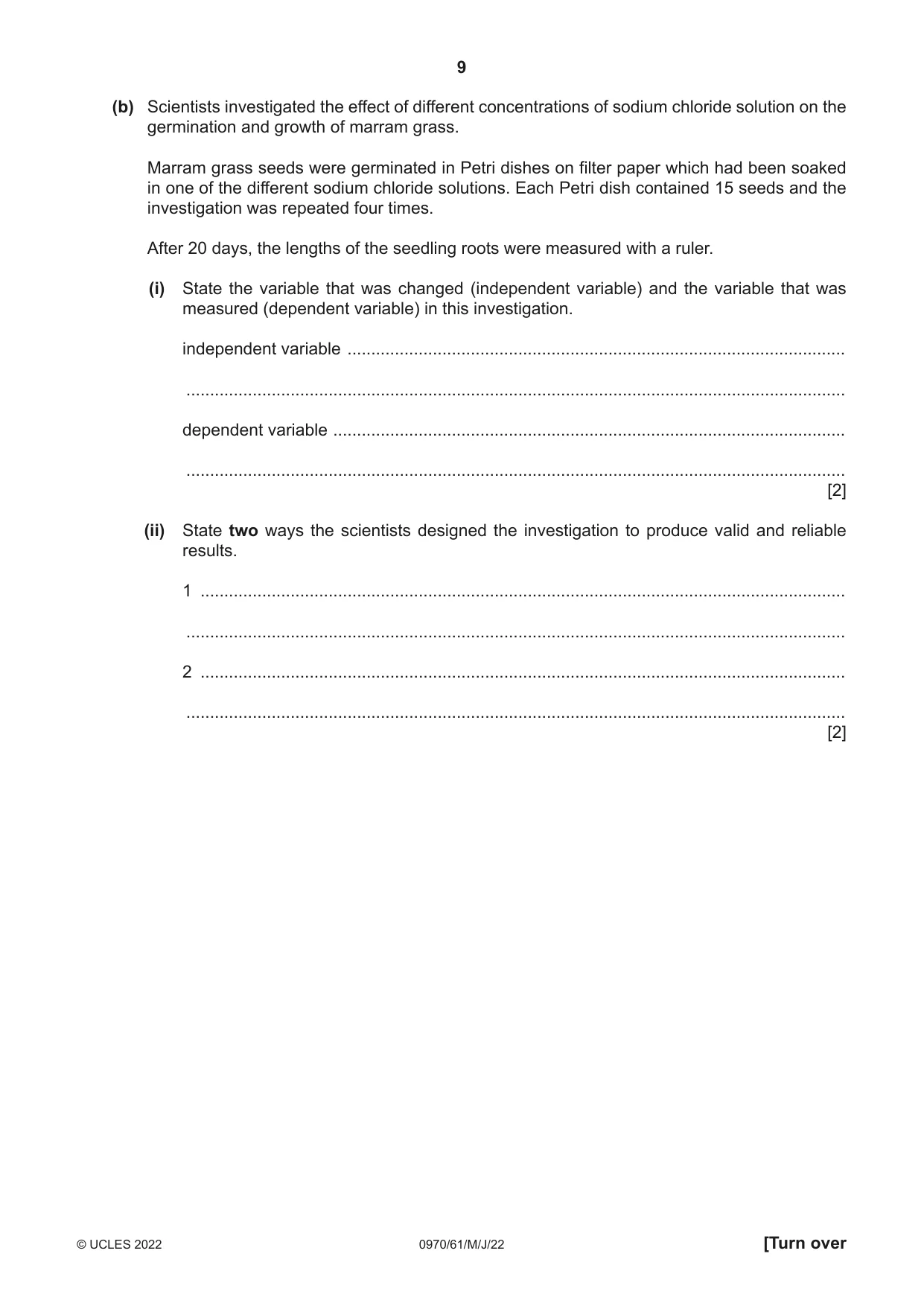 Cambridge IGCSE Biology (9-1) 0970 2022 May/June Paper 6 · Variant 1 question paper, page 9 of 12