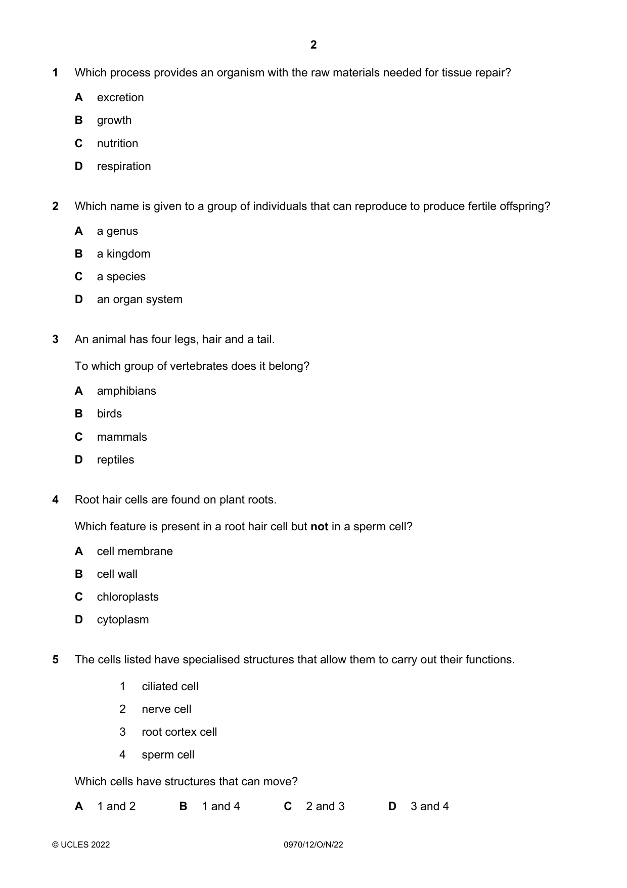 Cambridge IGCSE Biology (9-1) 0970 2022 Oct/Nov Paper 1 · Variant 2 question paper, page 2 of 16