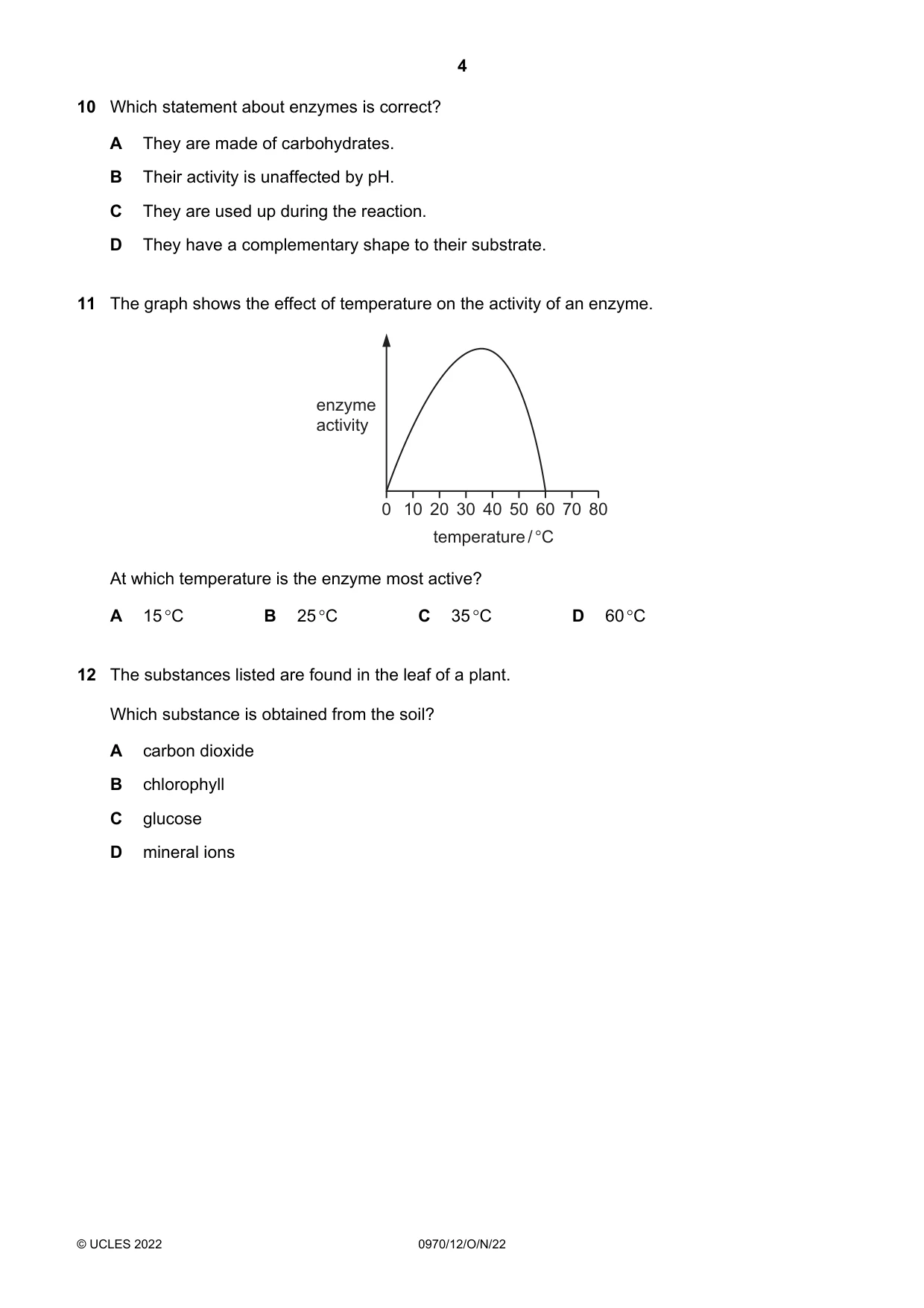 Cambridge IGCSE Biology (9-1) 0970 2022 Oct/Nov Paper 1 · Variant 2 question paper, page 4 of 16