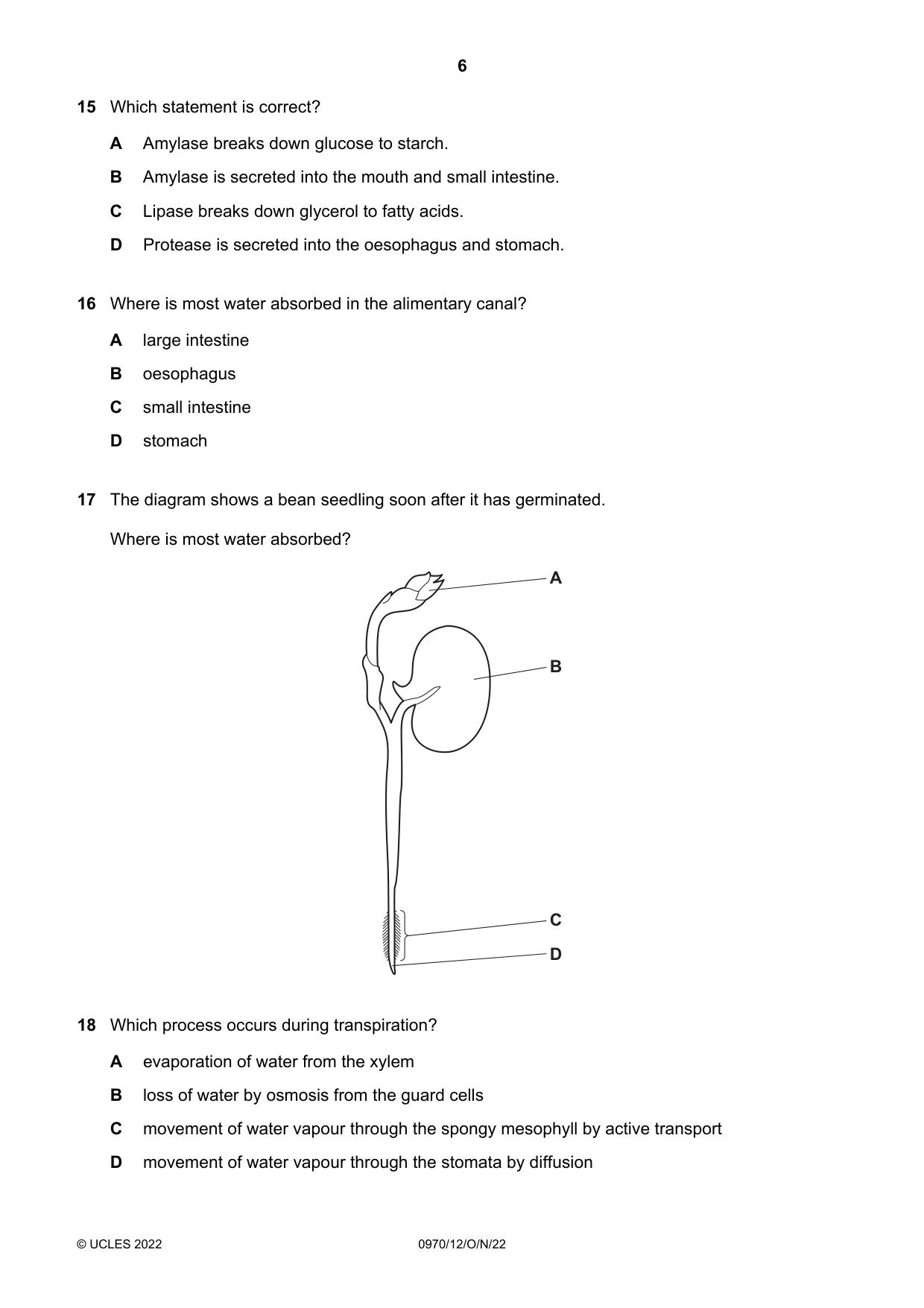 Cambridge IGCSE Biology (9-1) 0970 2022 Oct/Nov Paper 1 · Variant 2 question paper, page 6 of 16