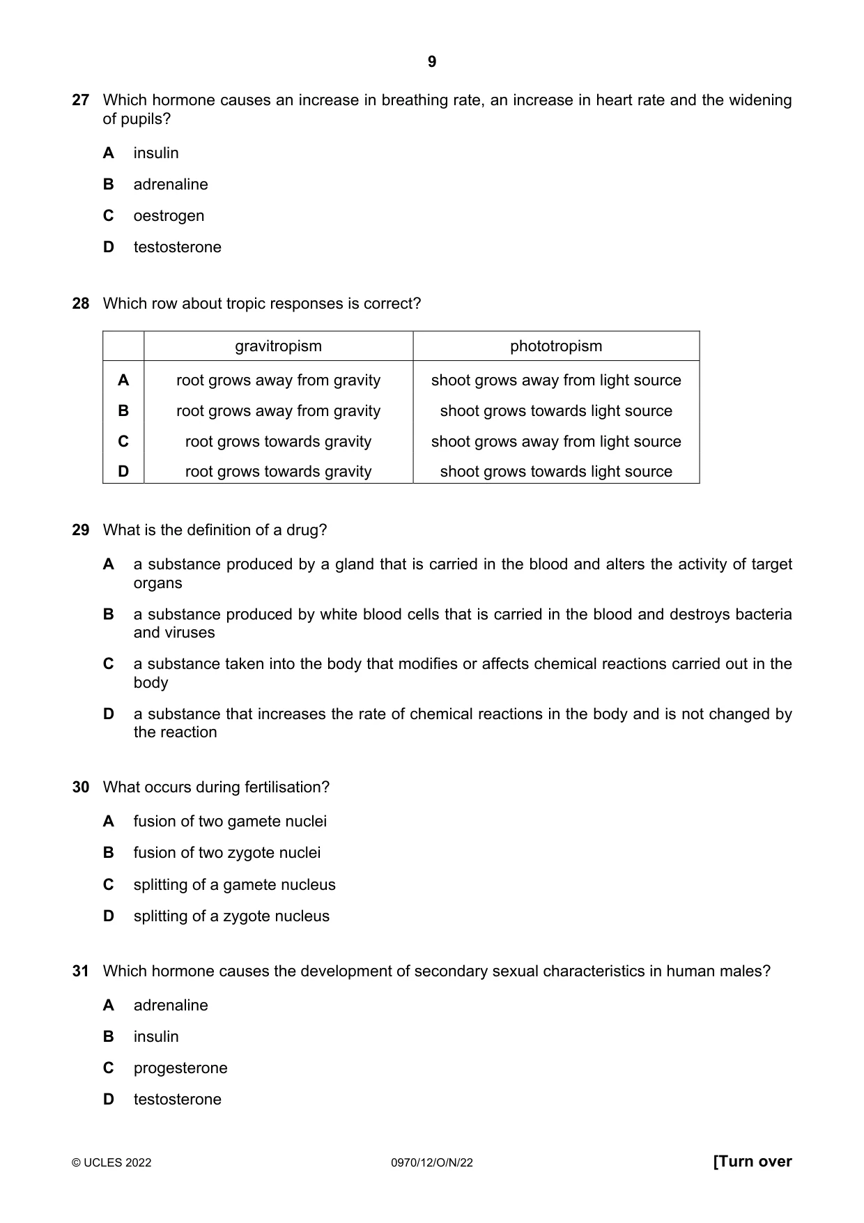 Cambridge IGCSE Biology (9-1) 0970 2022 Oct/Nov Paper 1 · Variant 2 question paper, page 9 of 16