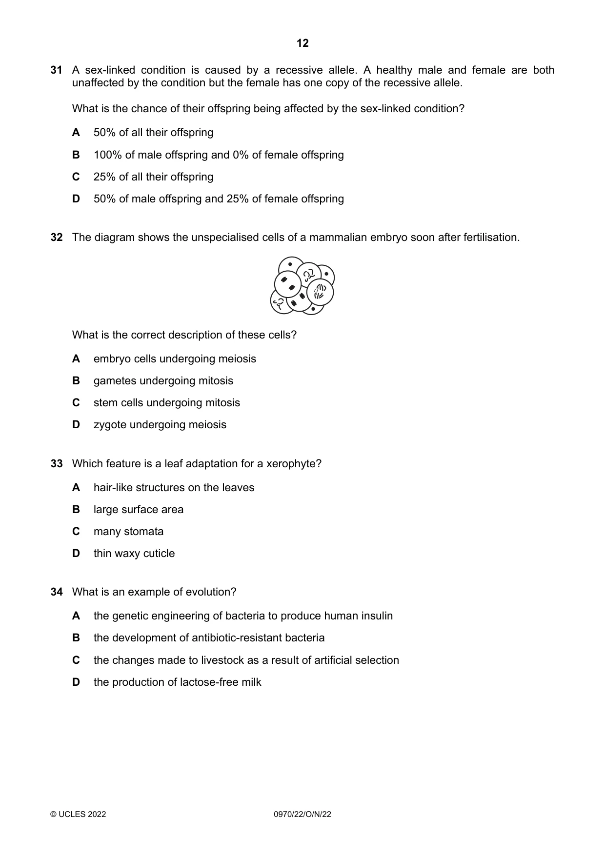 Cambridge IGCSE Biology (9-1) 0970 2022 Oct/Nov Paper 2 · Variant 2 question paper, page 12 of 16