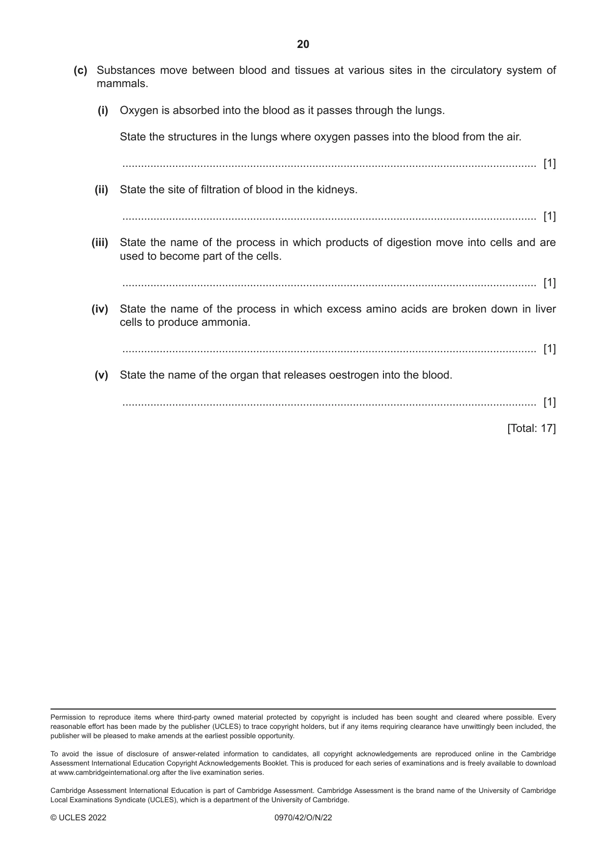 Cambridge IGCSE Biology (9-1) 0970 2022 Oct/Nov Paper 4 · Variant 2 question paper, page 20 of 20