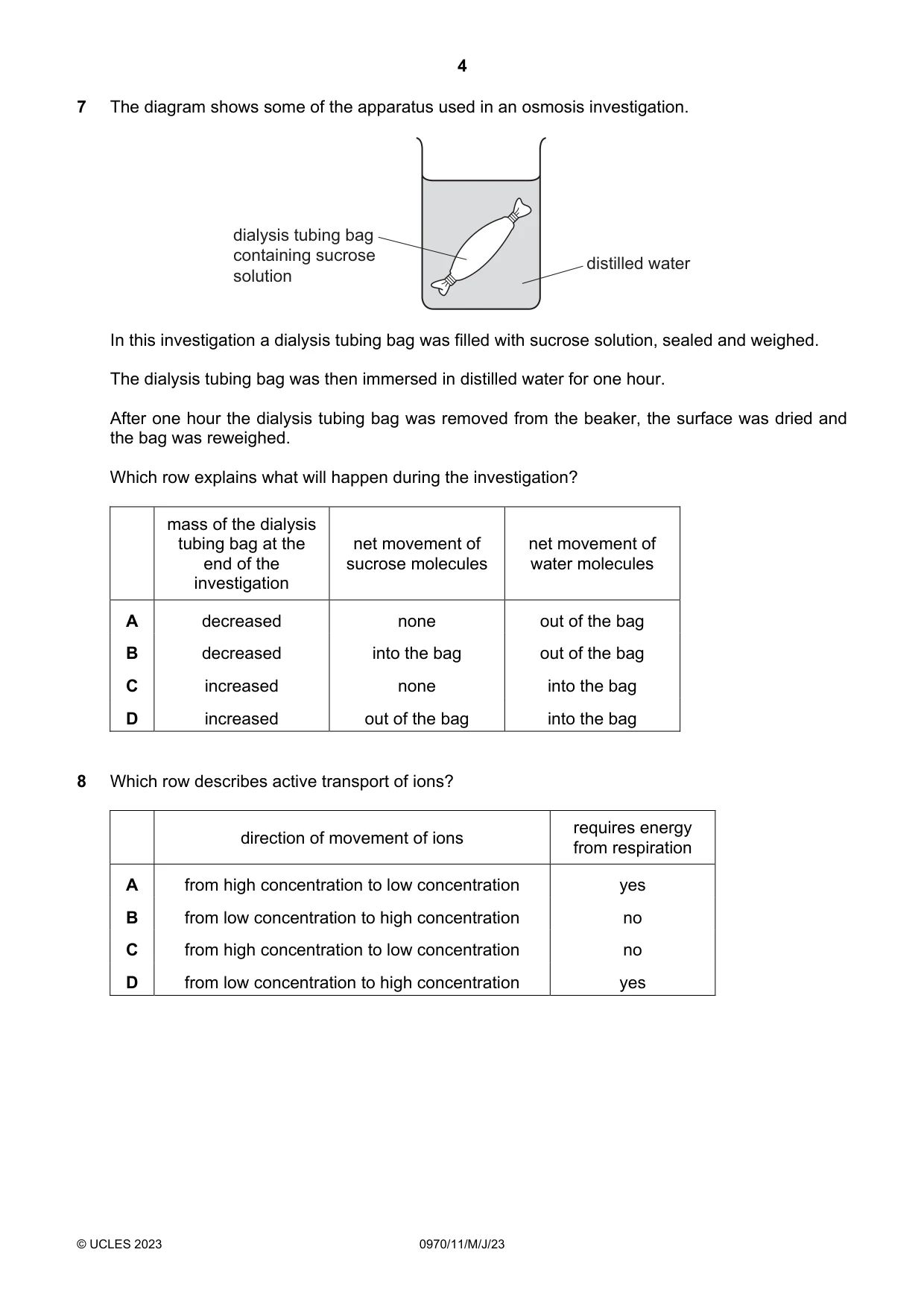 Cambridge IGCSE Biology (9-1) 0970 2023 May/June Paper 1 · Variant 1 question paper, page 4 of 16