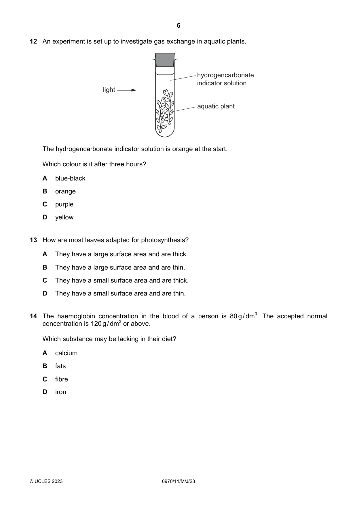 Cambridge IGCSE Biology (9-1) 0970 2023 May/June Paper 1 · Variant 1 question paper, page 6 of 16