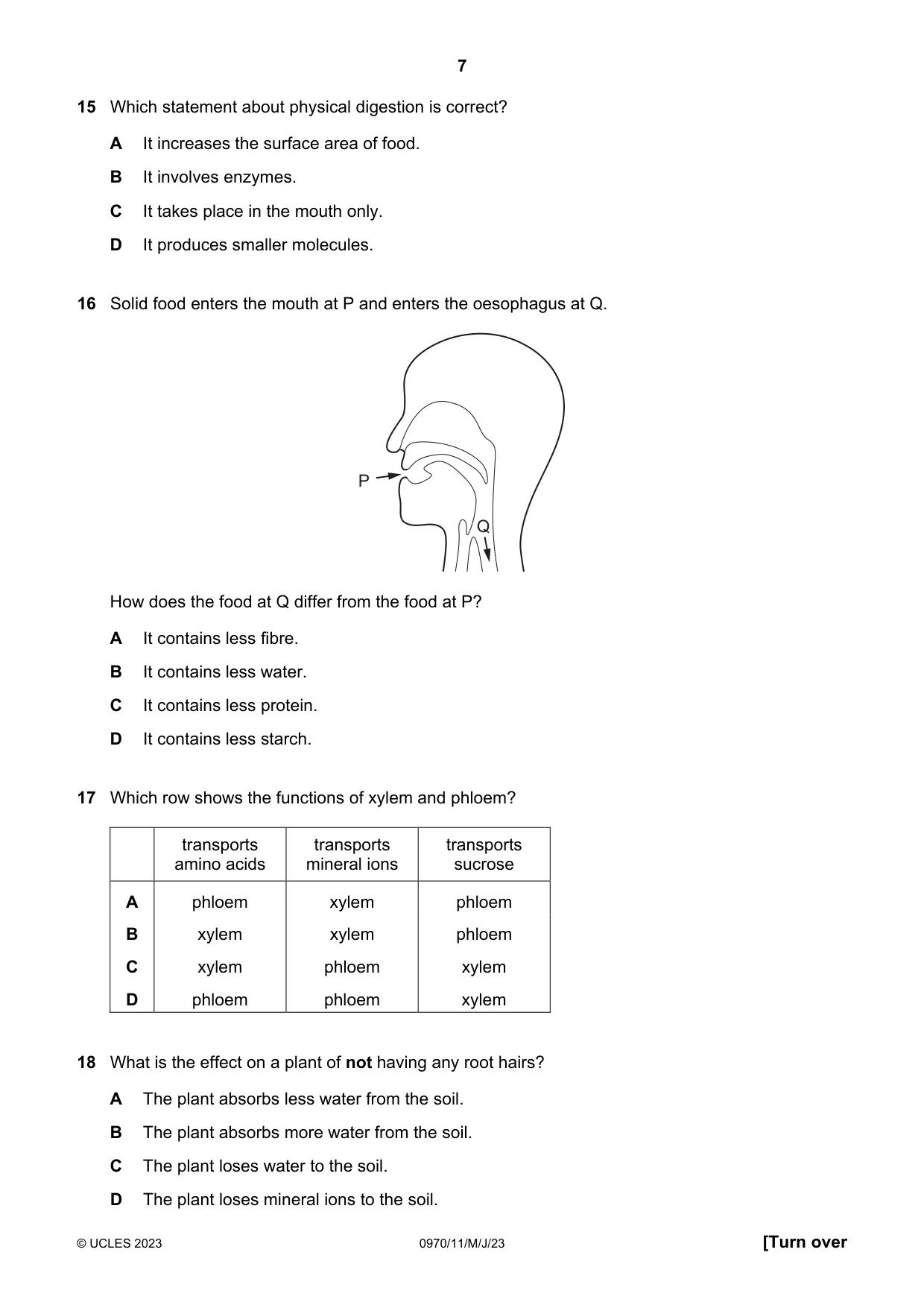 Cambridge IGCSE Biology (9-1) 0970 2023 May/June Paper 1 · Variant 1 question paper, page 7 of 16