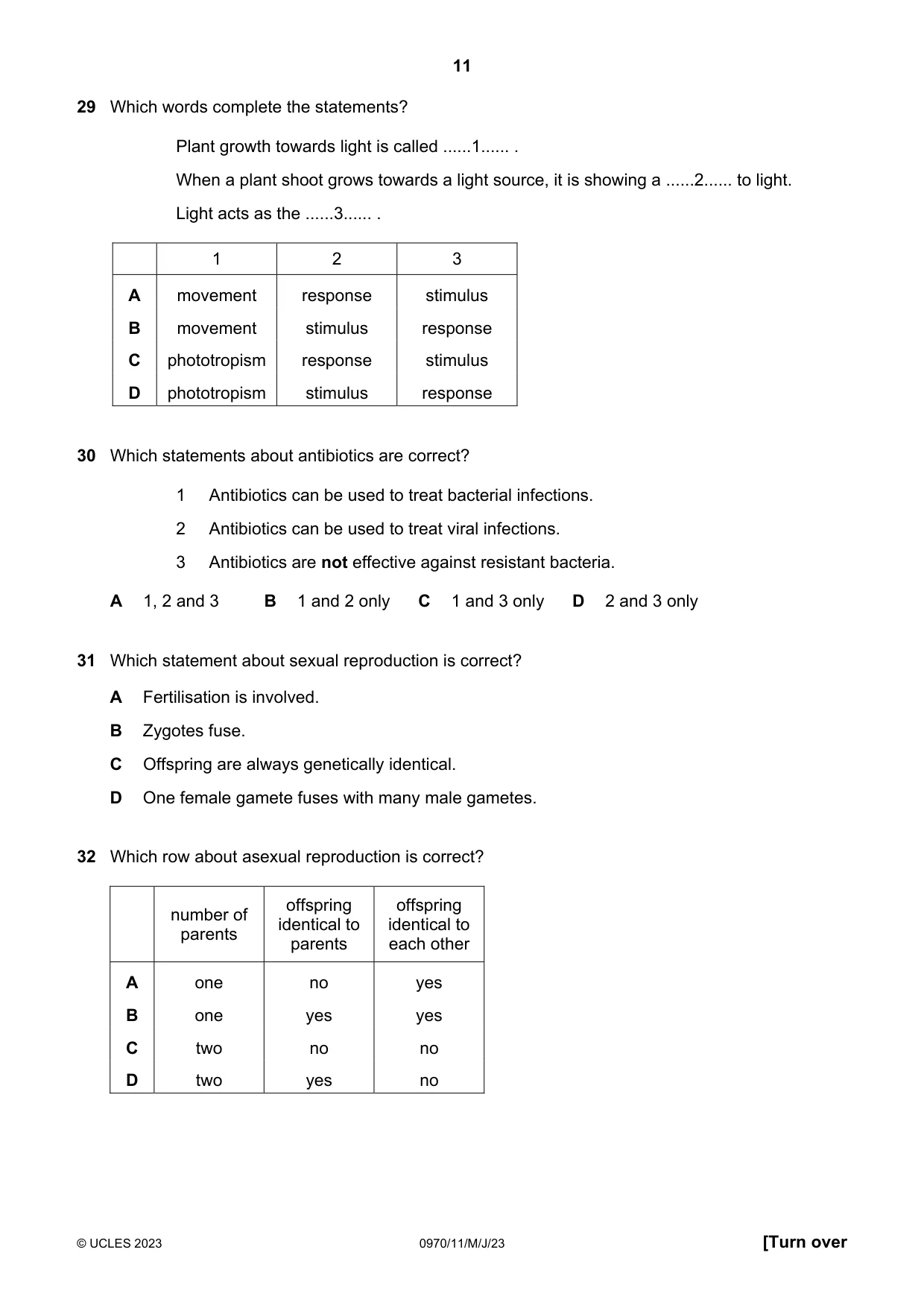 Cambridge IGCSE Biology (9-1) 0970 2023 May/June Paper 1 · Variant 1 question paper, page 11 of 16